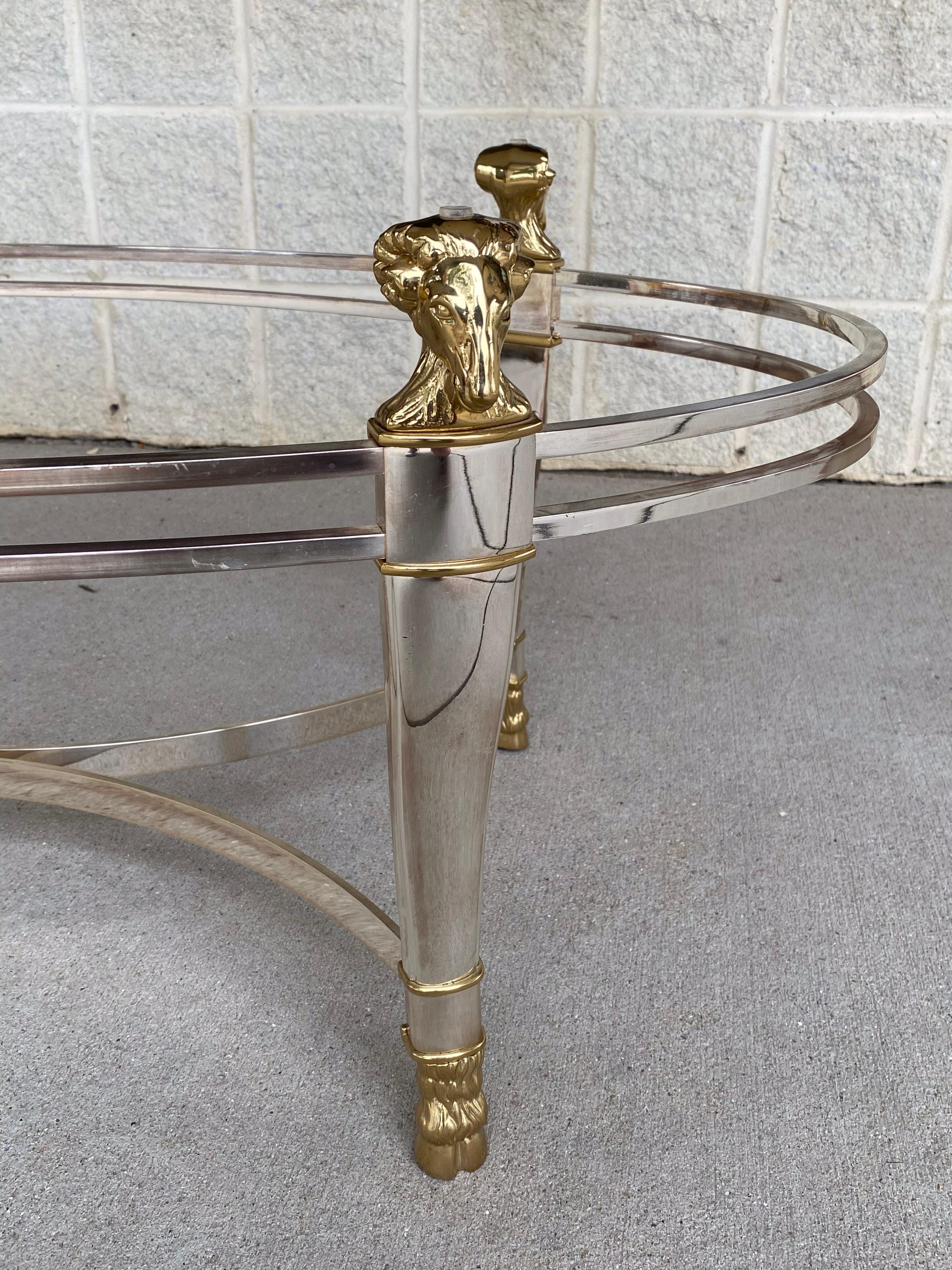 Polished Hollywood Regency Style Silver Plated and Brass Rams Head Cocktail Table For Sale