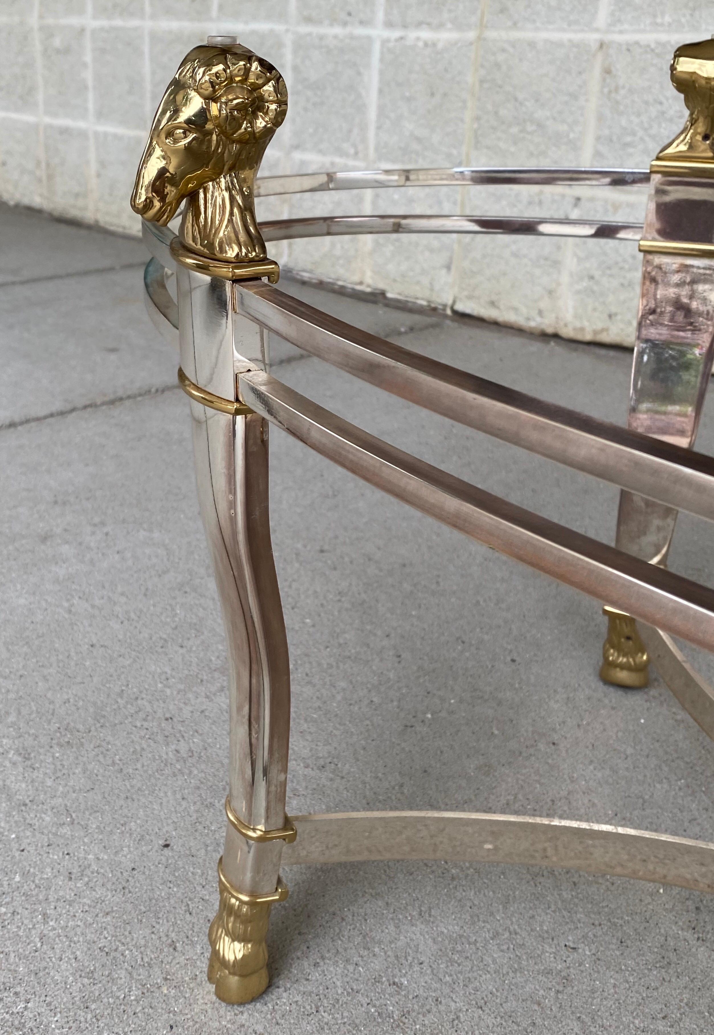 Hollywood Regency Style Silver Plated and Brass Rams Head Cocktail Table In Good Condition For Sale In Dallas, TX