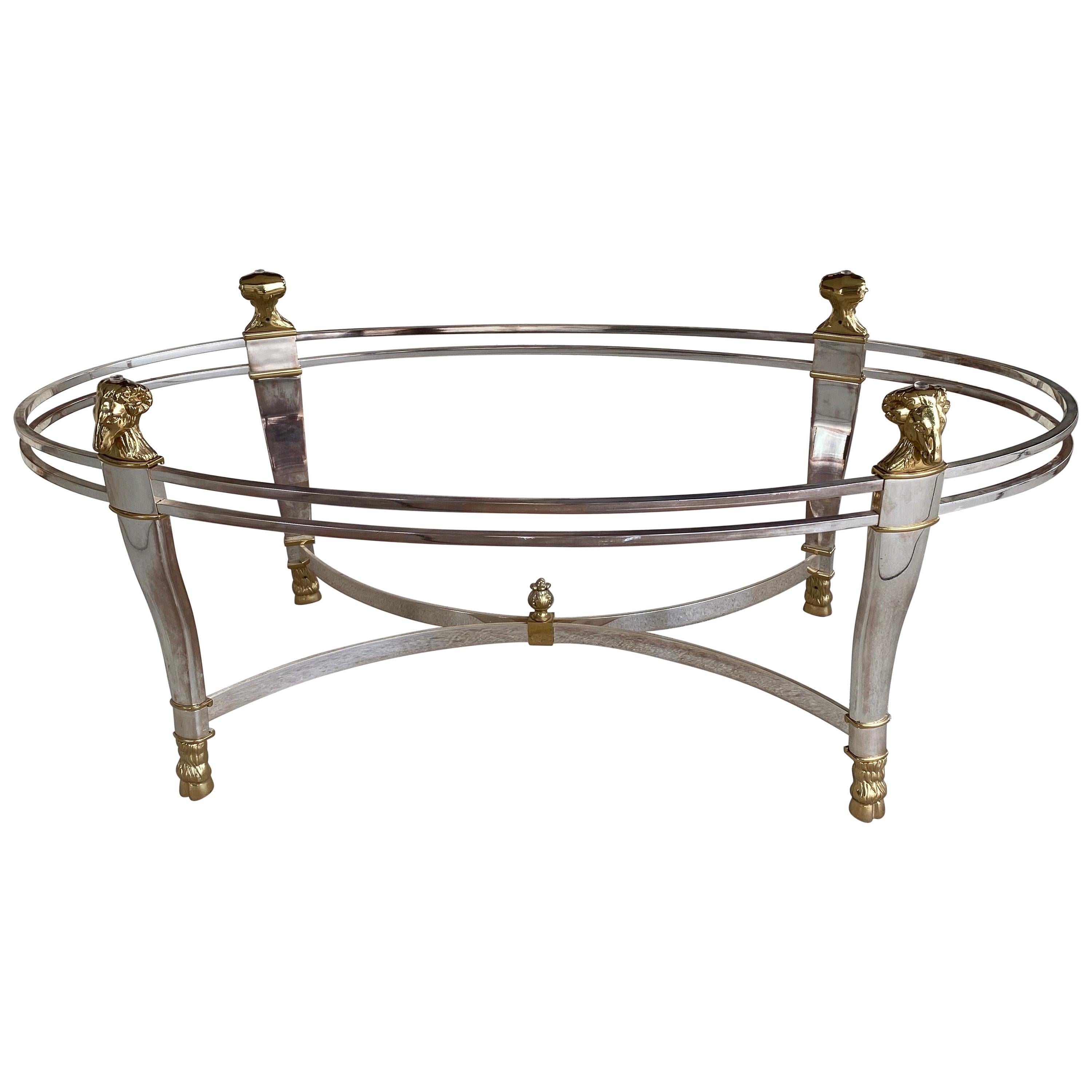 Hollywood Regency Style Silver Plated and Brass Rams Head Cocktail Table For Sale