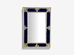 Petit miroir de style Hollywood Regency, verre bleu cobalt, feuille d'argent, années 1980
