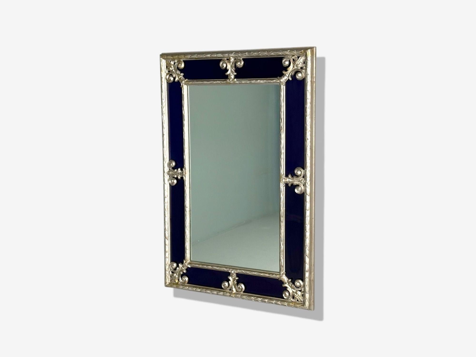 Mid-Century Modern Petit miroir de style Hollywood Regency, verre bleu cobalt, feuille d'argent, années 1980 en vente