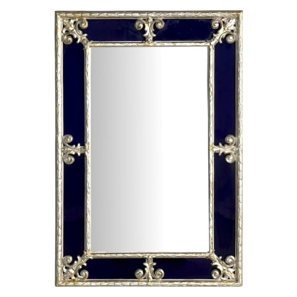 Petit miroir de style Hollywood Regency, verre bleu cobalt, feuille d'argent, années 1980