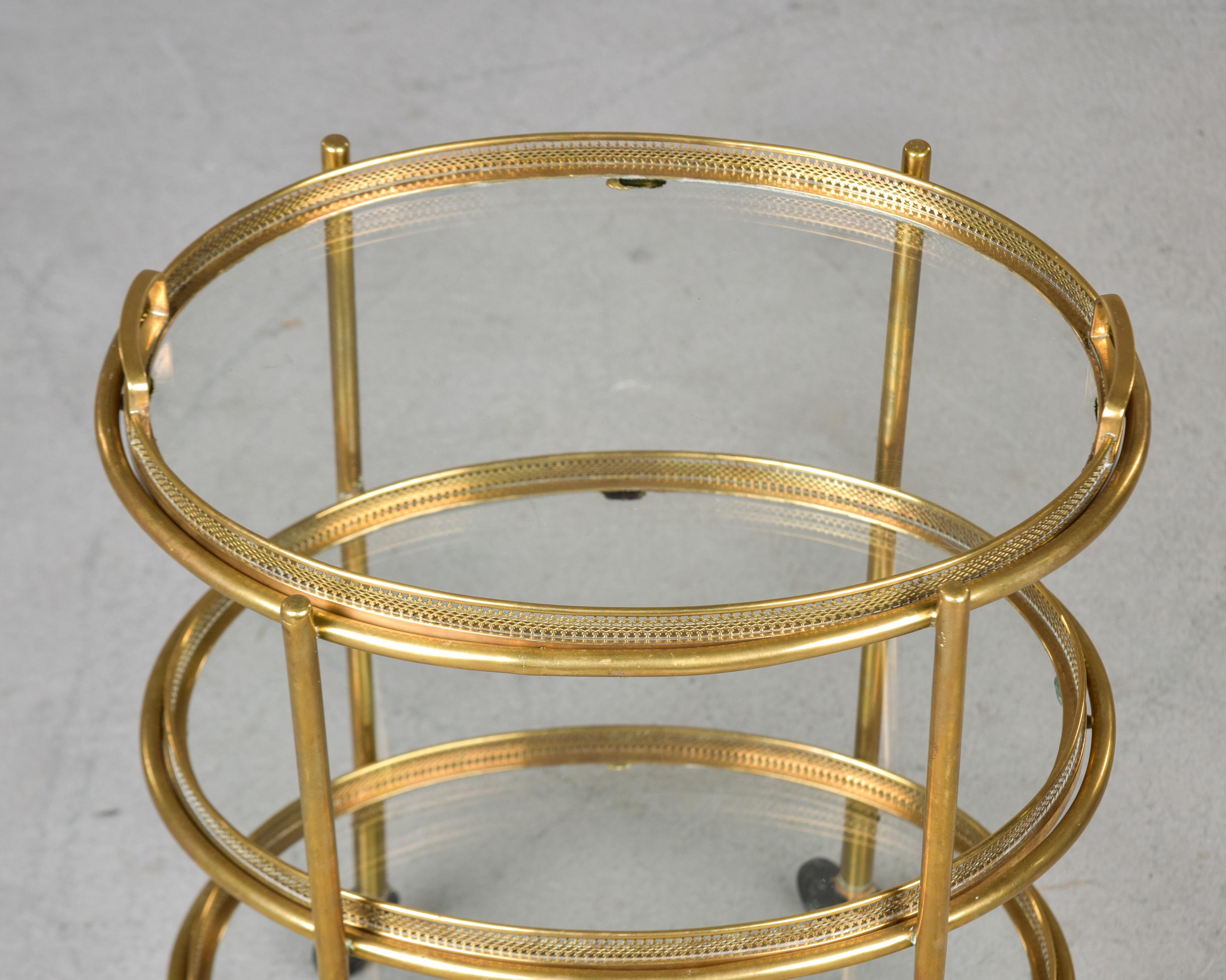 Hollywood Regency Style Small Three Tier Brass Trolley with Removable Trays For Sale 5