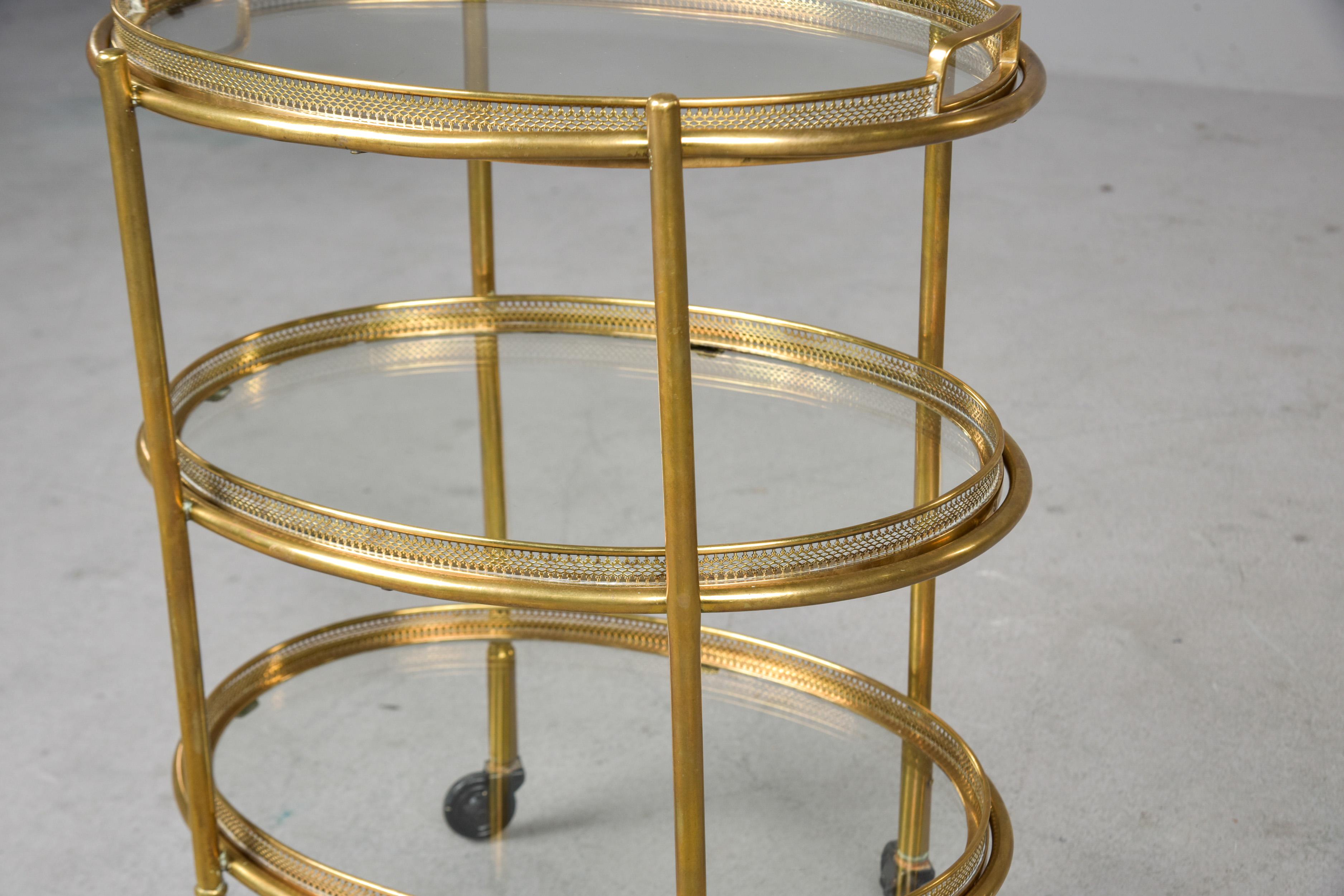 Hollywood Regency Style Small Three Tier Brass Trolley with Removable Trays For Sale 7