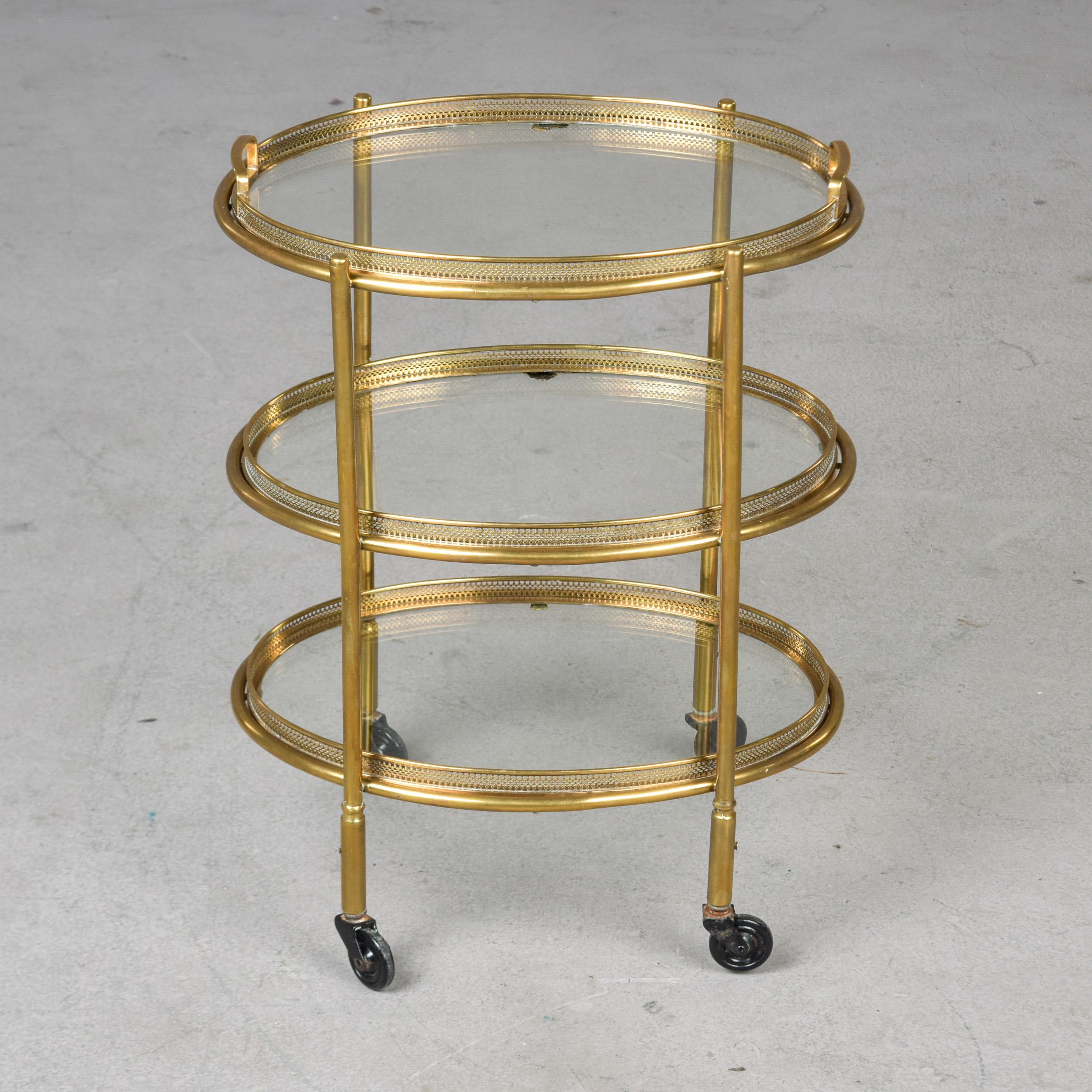 Italian Hollywood Regency Style Small Three Tier Brass Trolley with Removable Trays For Sale