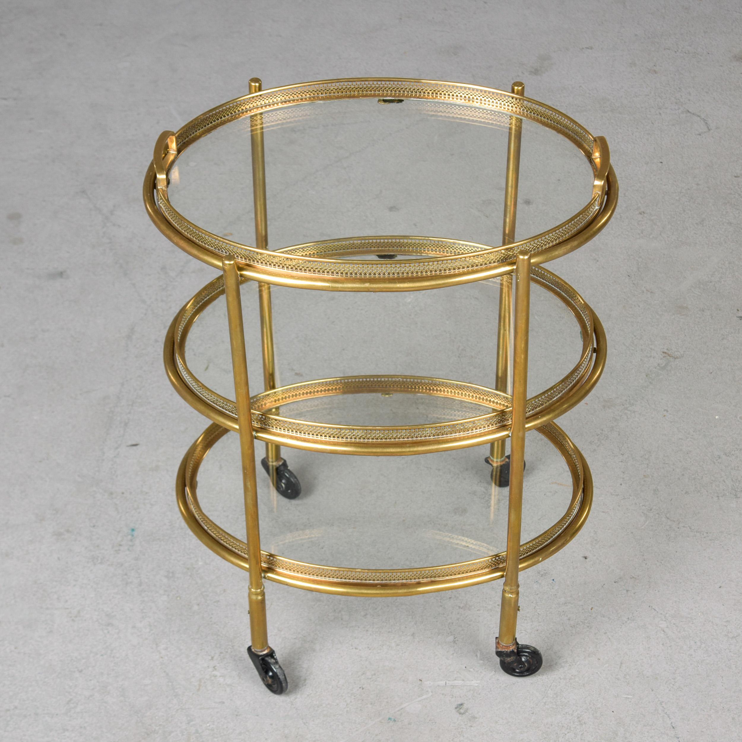 Hollywood Regency Style Small Three Tier Brass Trolley with Removable Trays In Good Condition For Sale In Troy, MI