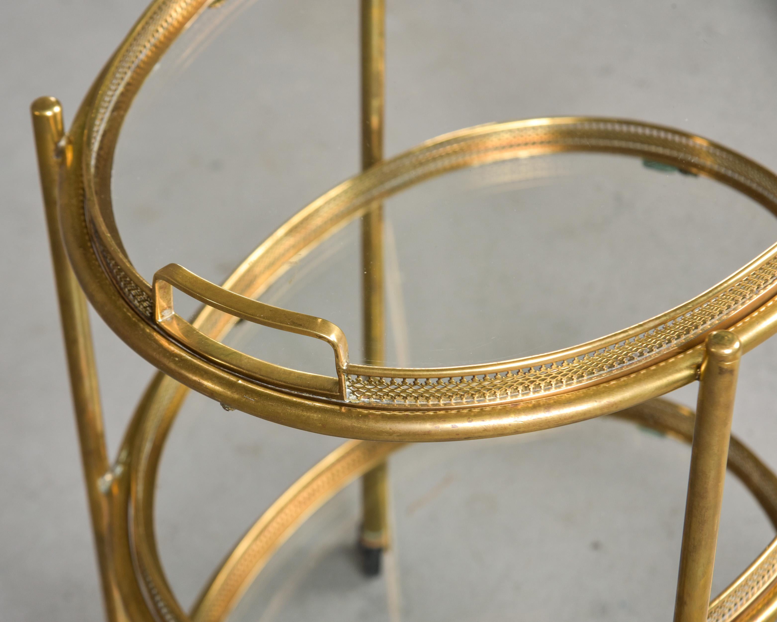 20th Century Hollywood Regency Style Small Three Tier Brass Trolley with Removable Trays For Sale