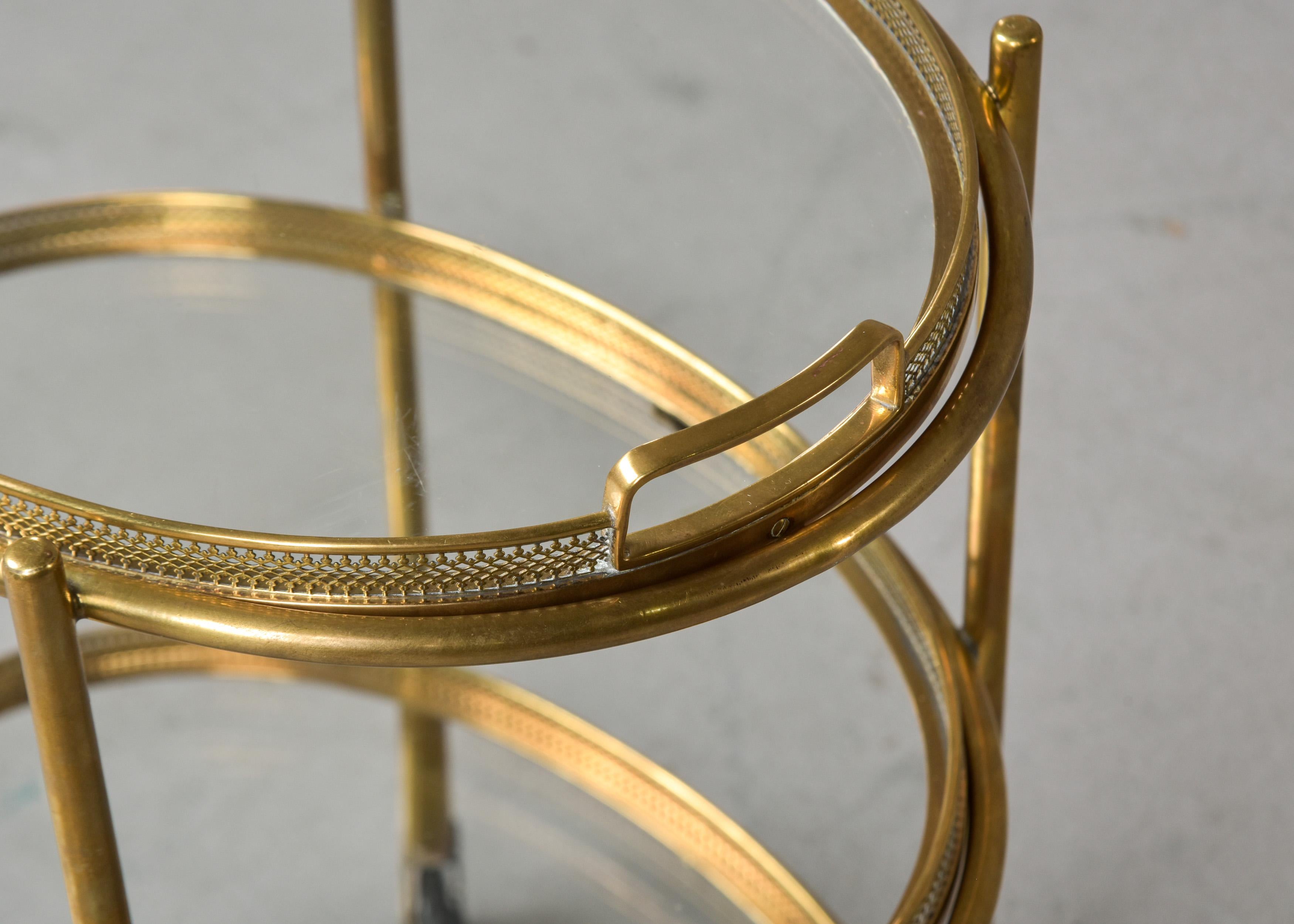 Hollywood Regency Style Small Three Tier Brass Trolley with Removable Trays For Sale 1