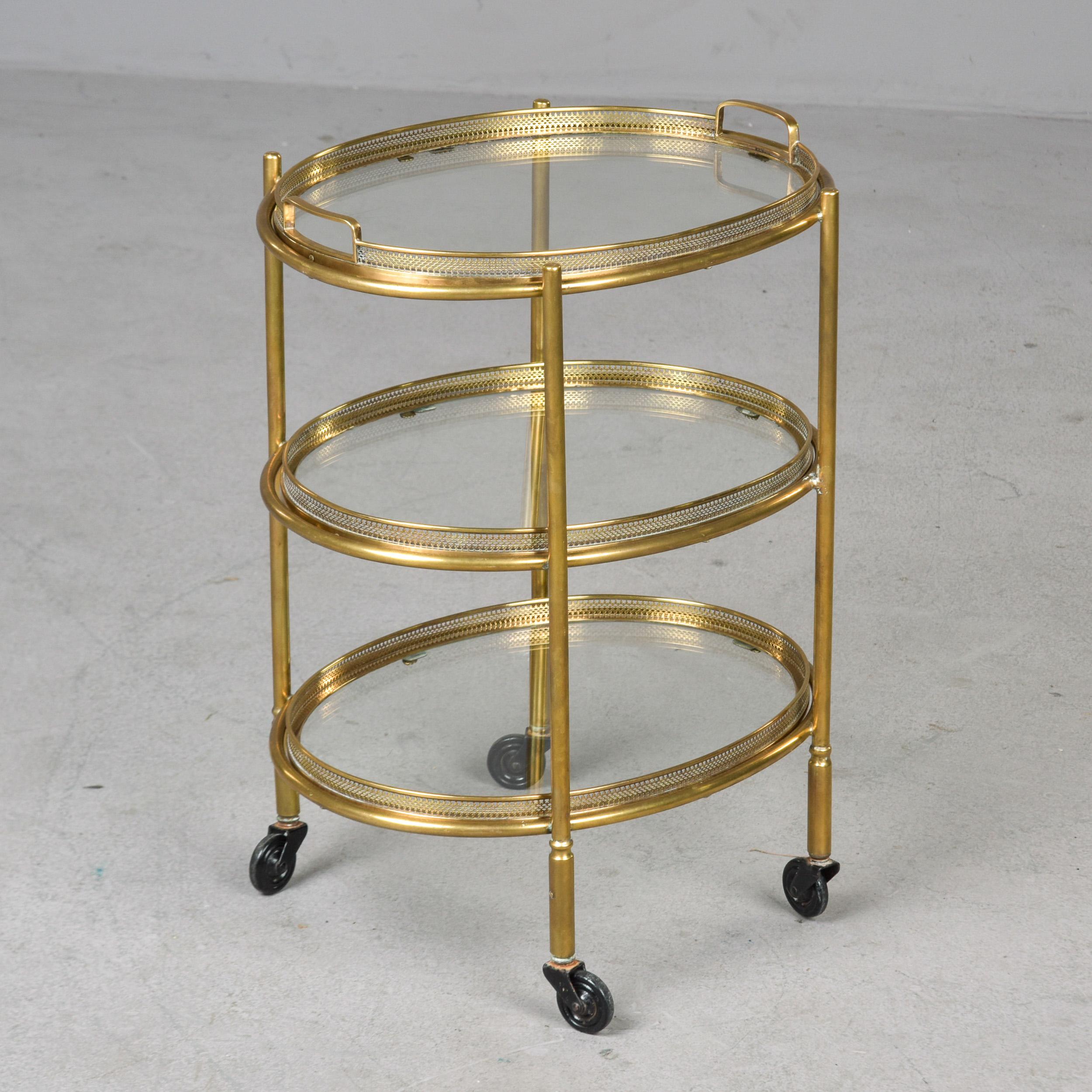 Hollywood Regency Style Small Three Tier Brass Trolley with Removable Trays For Sale 2
