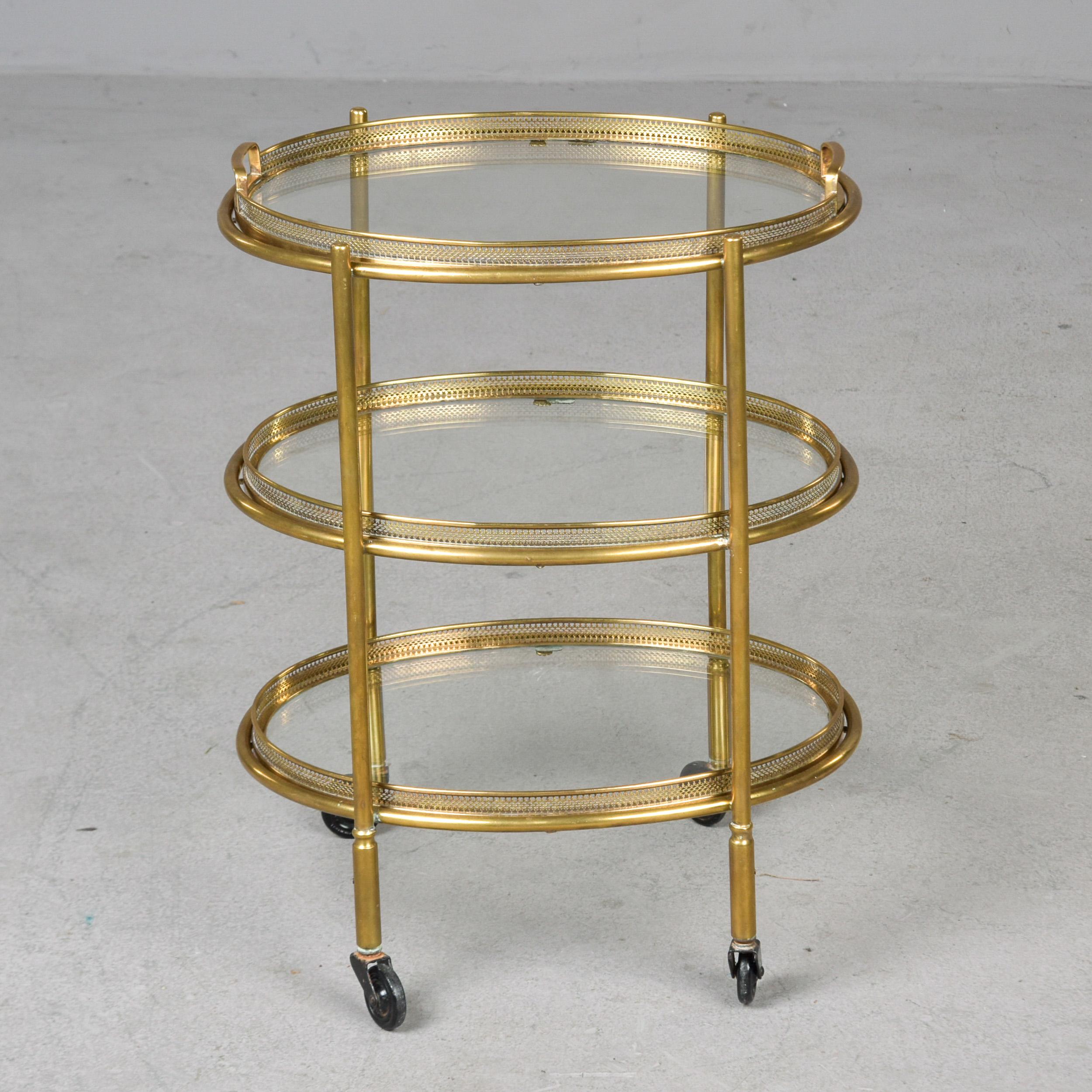 Hollywood Regency Style Small Three Tier Brass Trolley with Removable Trays For Sale 3