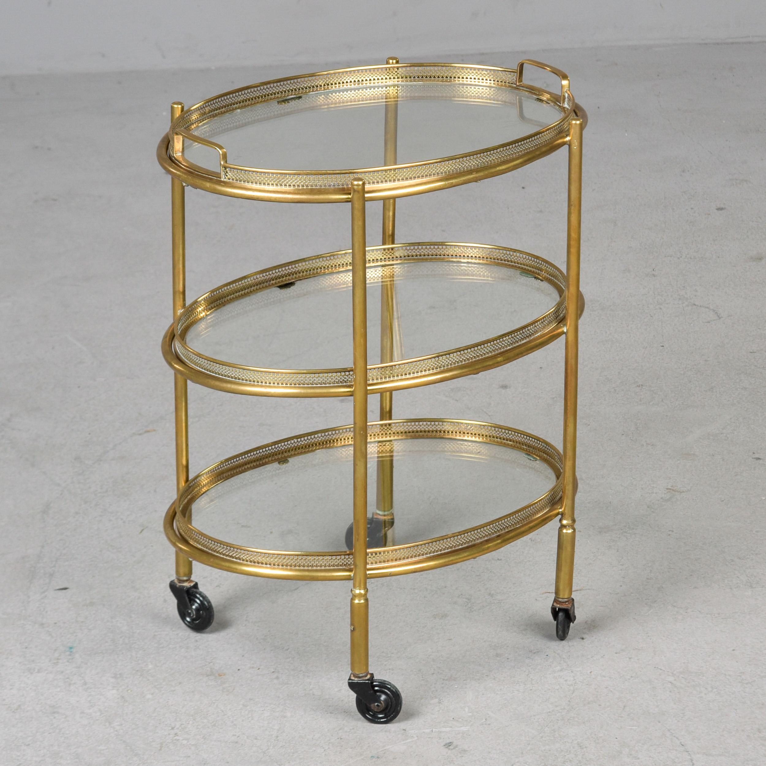 Hollywood Regency Style Small Three Tier Brass Trolley with Removable Trays For Sale 4