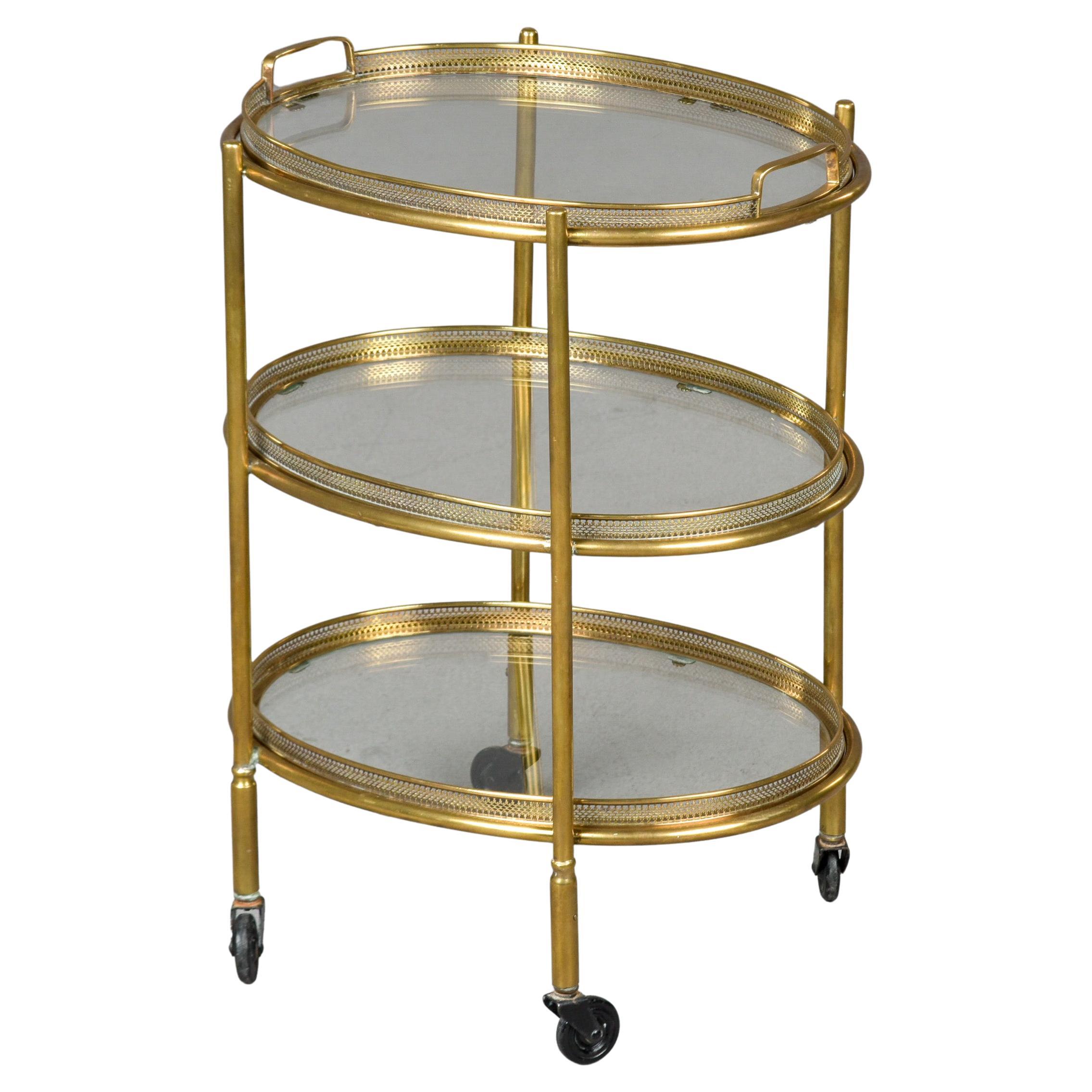 Hollywood Regency Style Small Three Tier Brass Trolley with Removable Trays For Sale