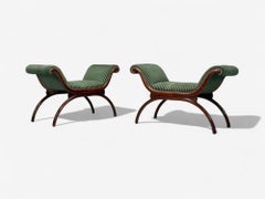 Hollywood Regency Style, Stained Wood, Green Fabric, Benches, USA, 1980s