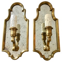 Hollywood Regency Style Sussex Brass and Mirror Candle Wall Sconce Light, Pair 