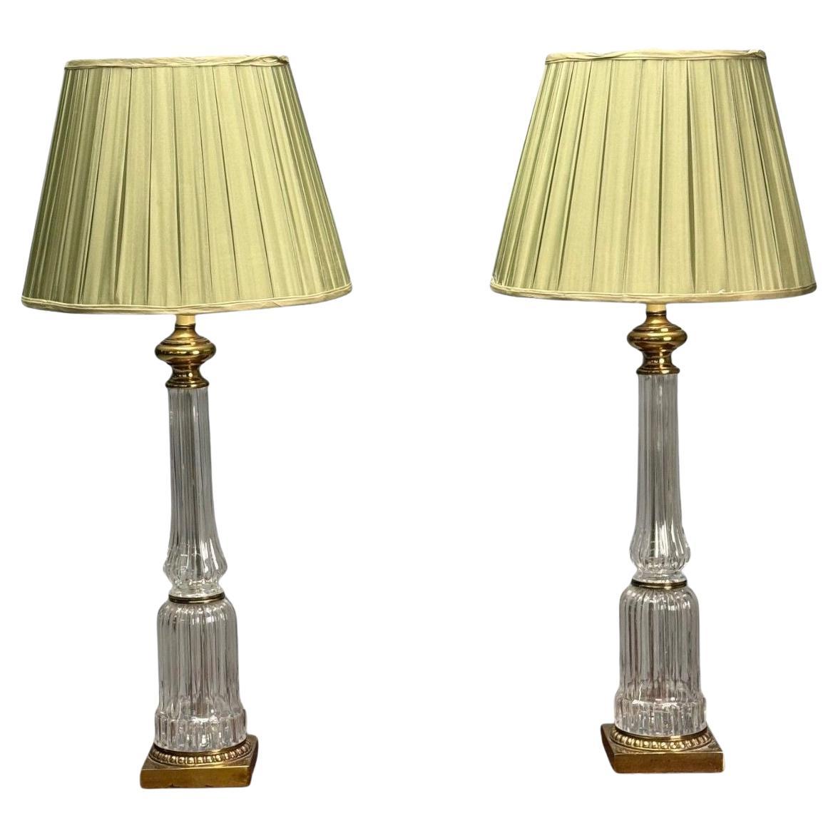 Hollywood Regency Style, Table Lamps, Fluted Crystal, Gilt Metal, USA, 1980s