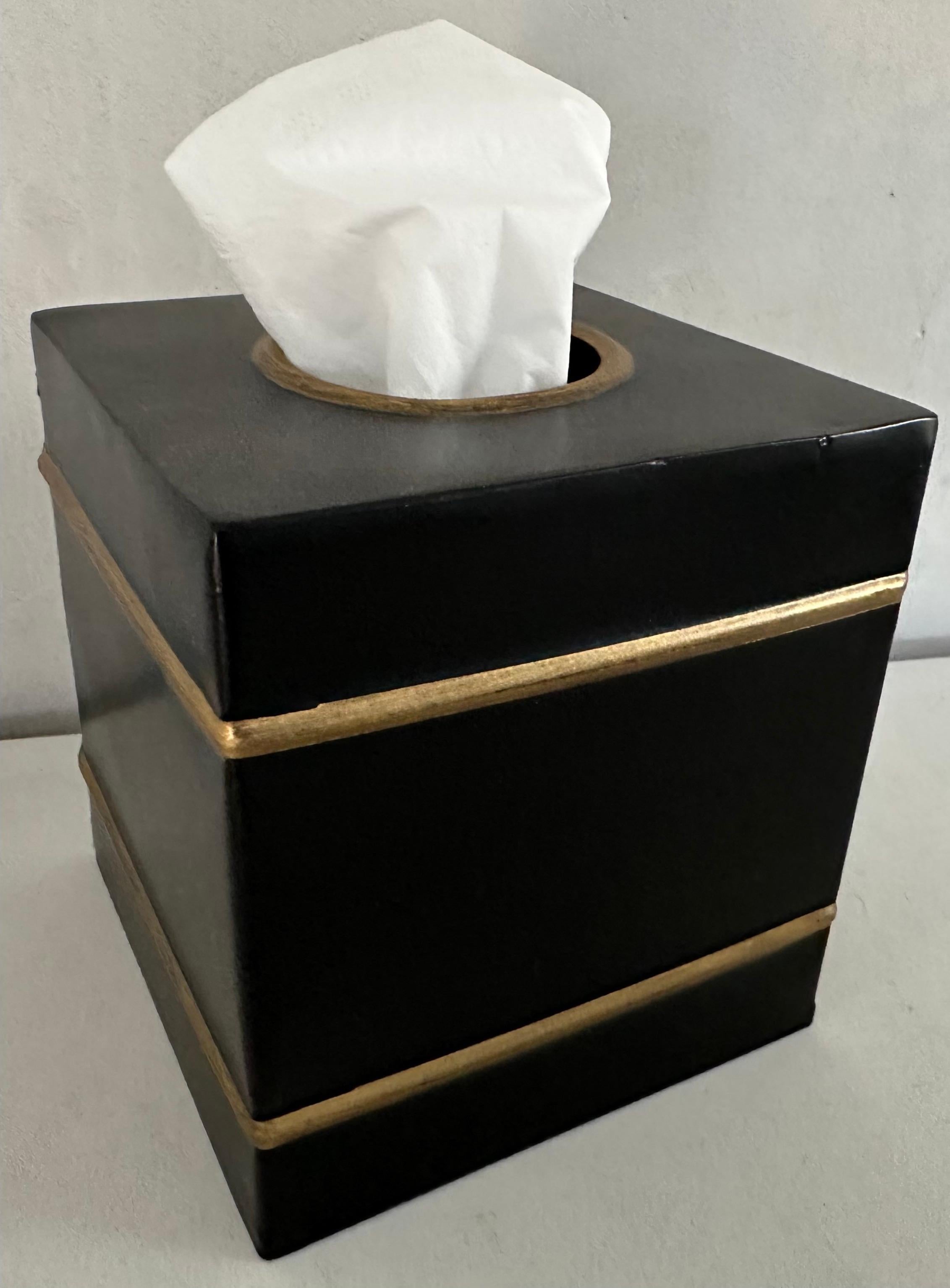 Add a neoclassical touch to your countertop or nightstand with a gold gilt edge, finished in black -- galvanized tissue box cover.  Add fashion and protection for your facial tissue. Enhance the old fashioned feel of your bathroom by adding a