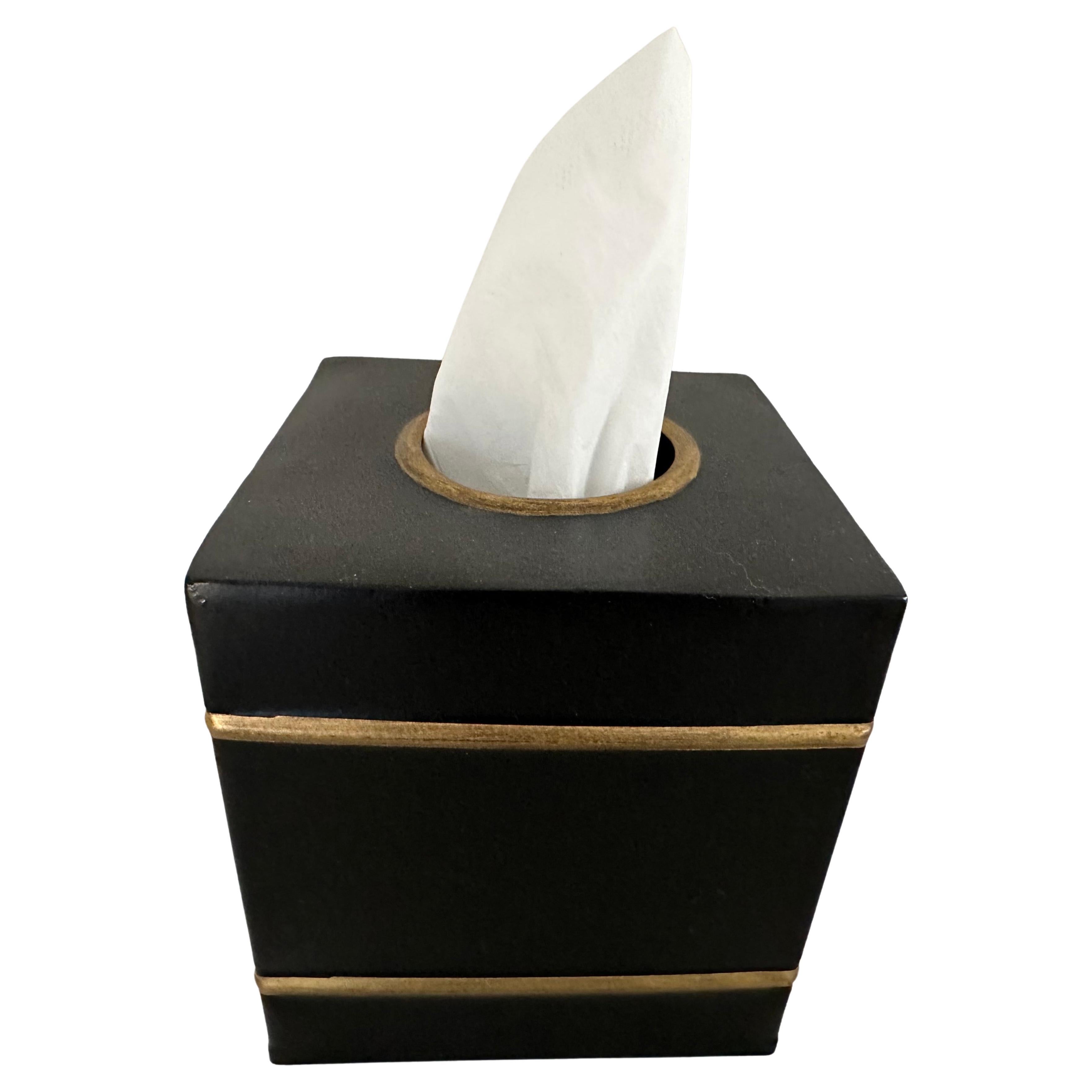 Hollywood Regency Style Gold Edge on Black Tissue Box Holder For Sale