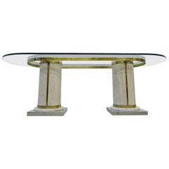 Hollywood Regency Style Travertine, Brass and Glass Large Dining Table, 1970s