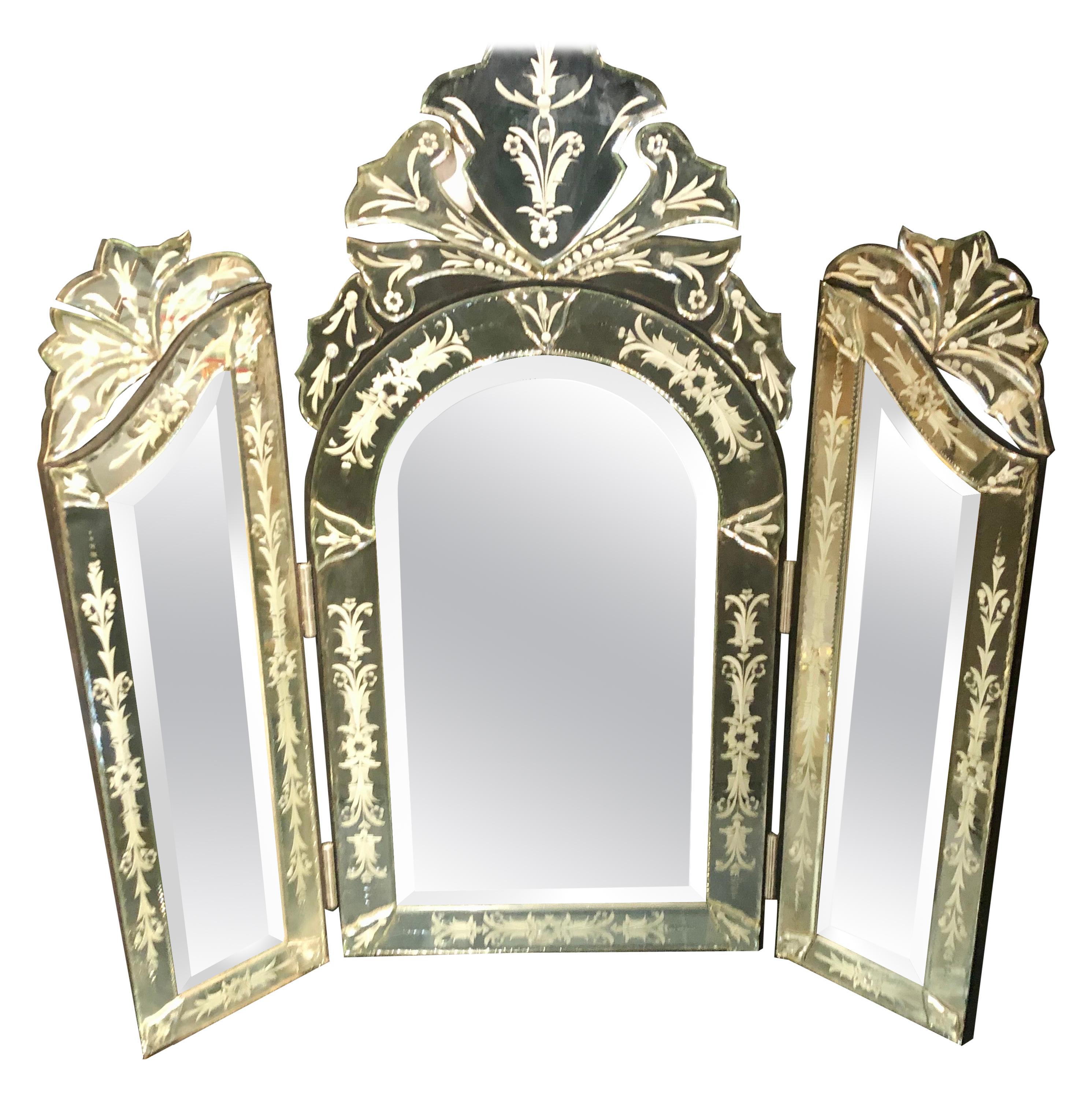 Hollywood Regency Style Tri-Fold Etched Glass Vanity or Table Mirror