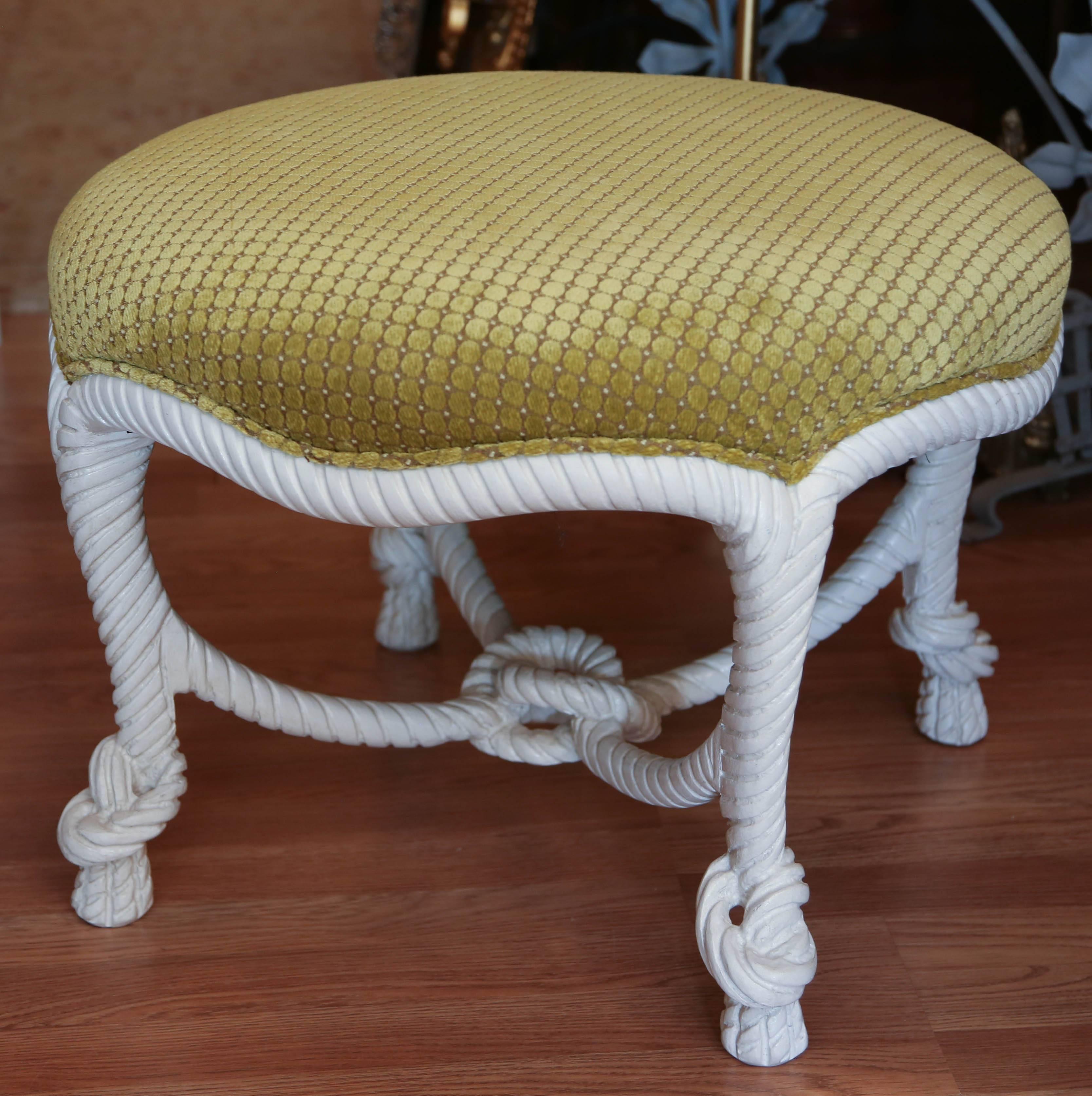 Carved and painted rope style Italian stool in the Hollywood Regency style.