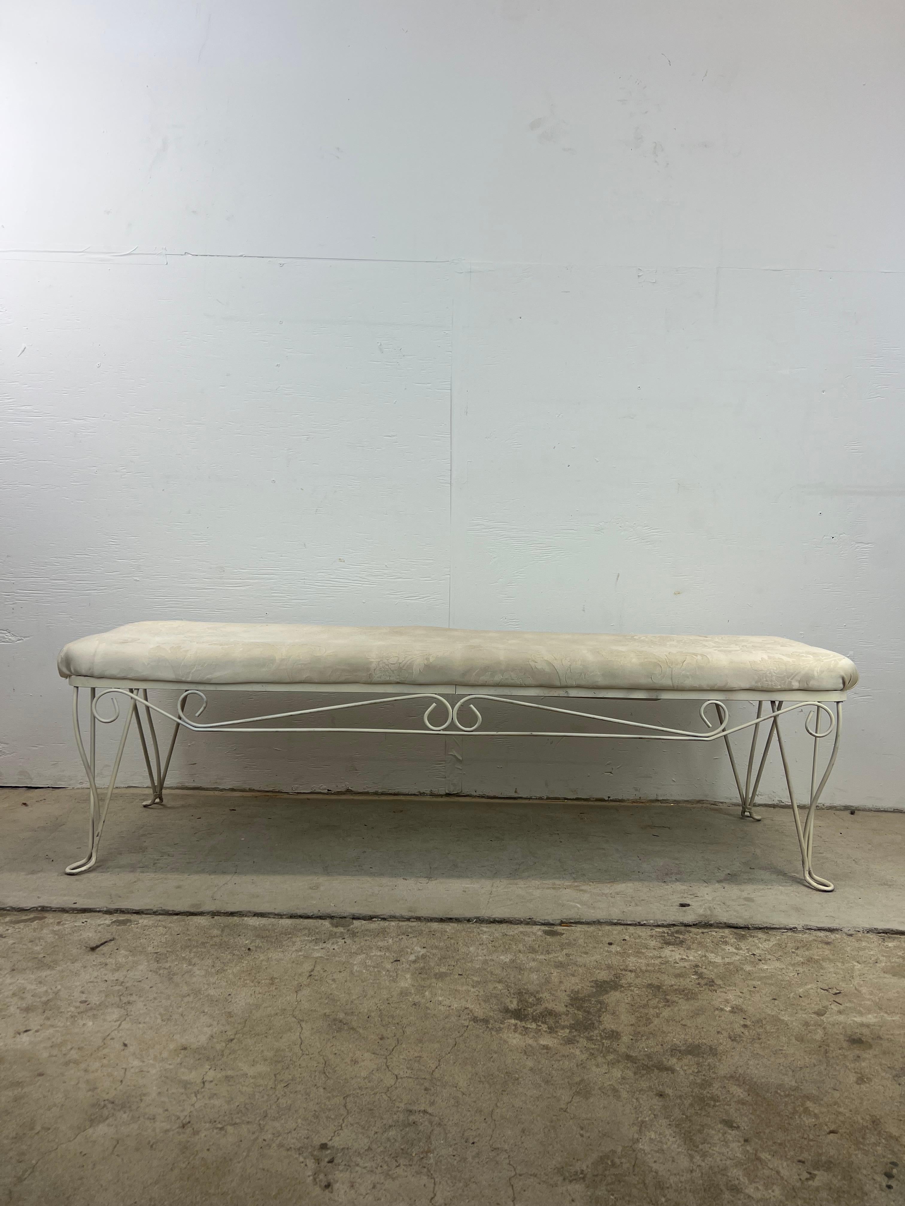 American Hollywood Regency Style Upholstered Bench with Wrought Iron Frame For Sale