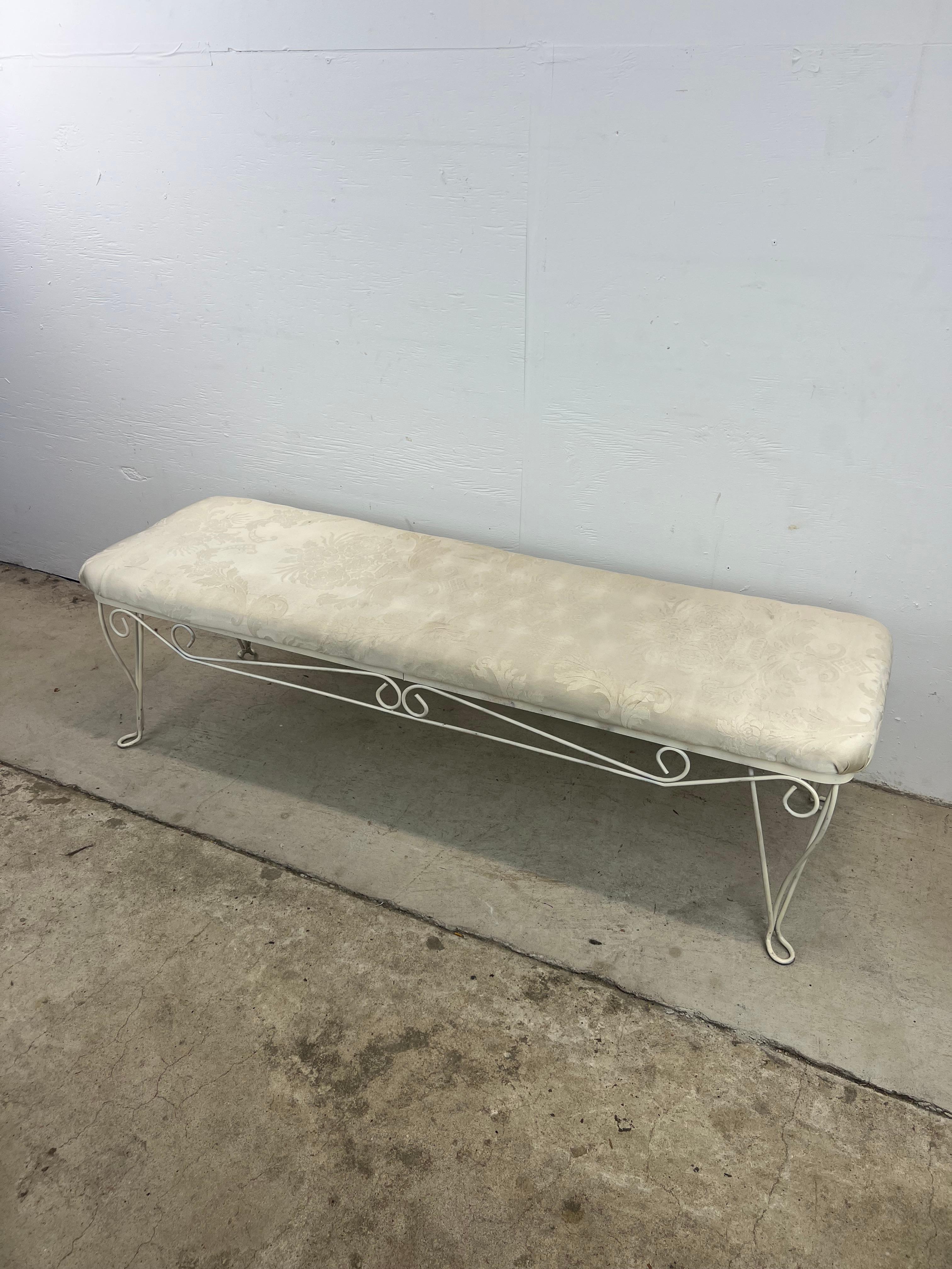 Hollywood Regency Style Upholstered Bench with Wrought Iron Frame In Good Condition For Sale In Freehold, NJ