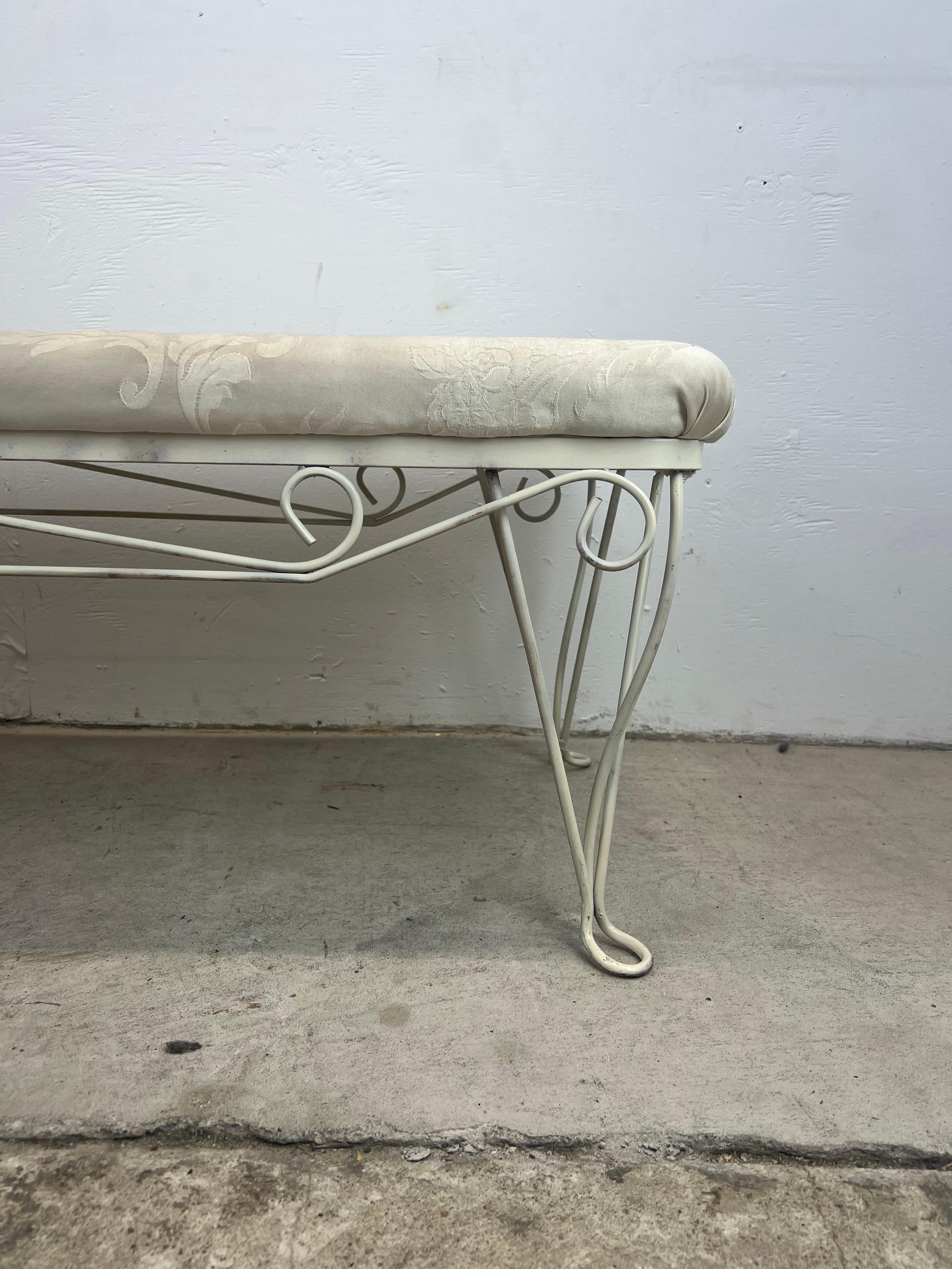 20th Century Hollywood Regency Style Upholstered Bench with Wrought Iron Frame For Sale