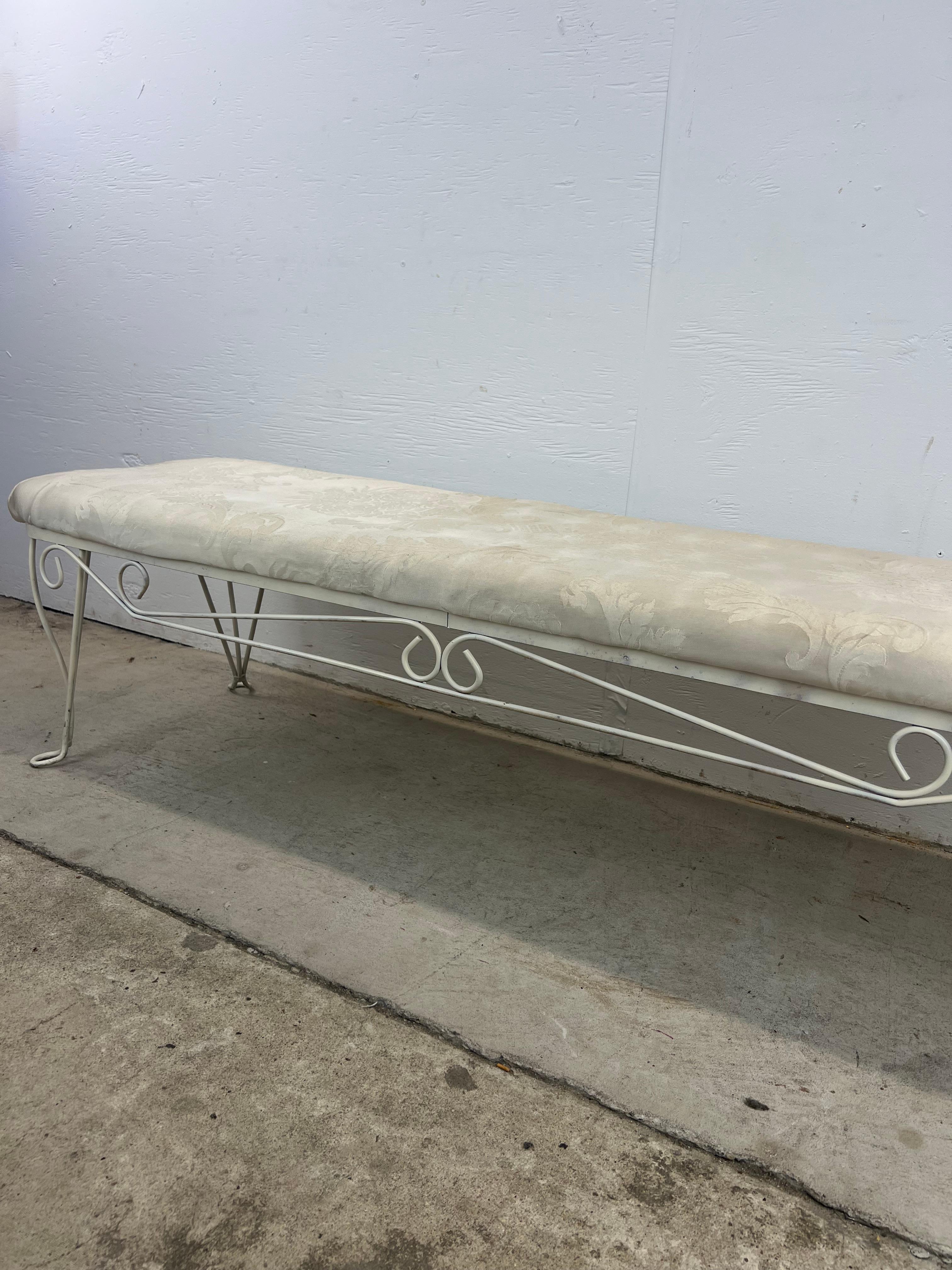 Metal Hollywood Regency Style Upholstered Bench with Wrought Iron Frame For Sale