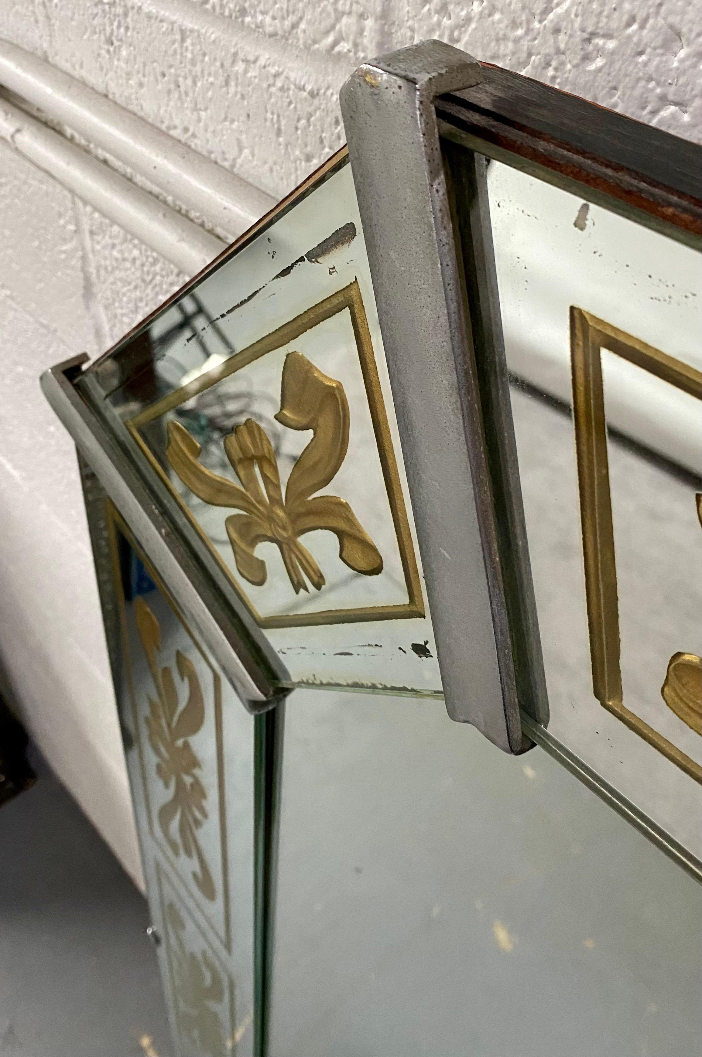Hollywood Regency Style Venetian Eglomise Gold Bow & Ribbon Design Wall Mirror 1