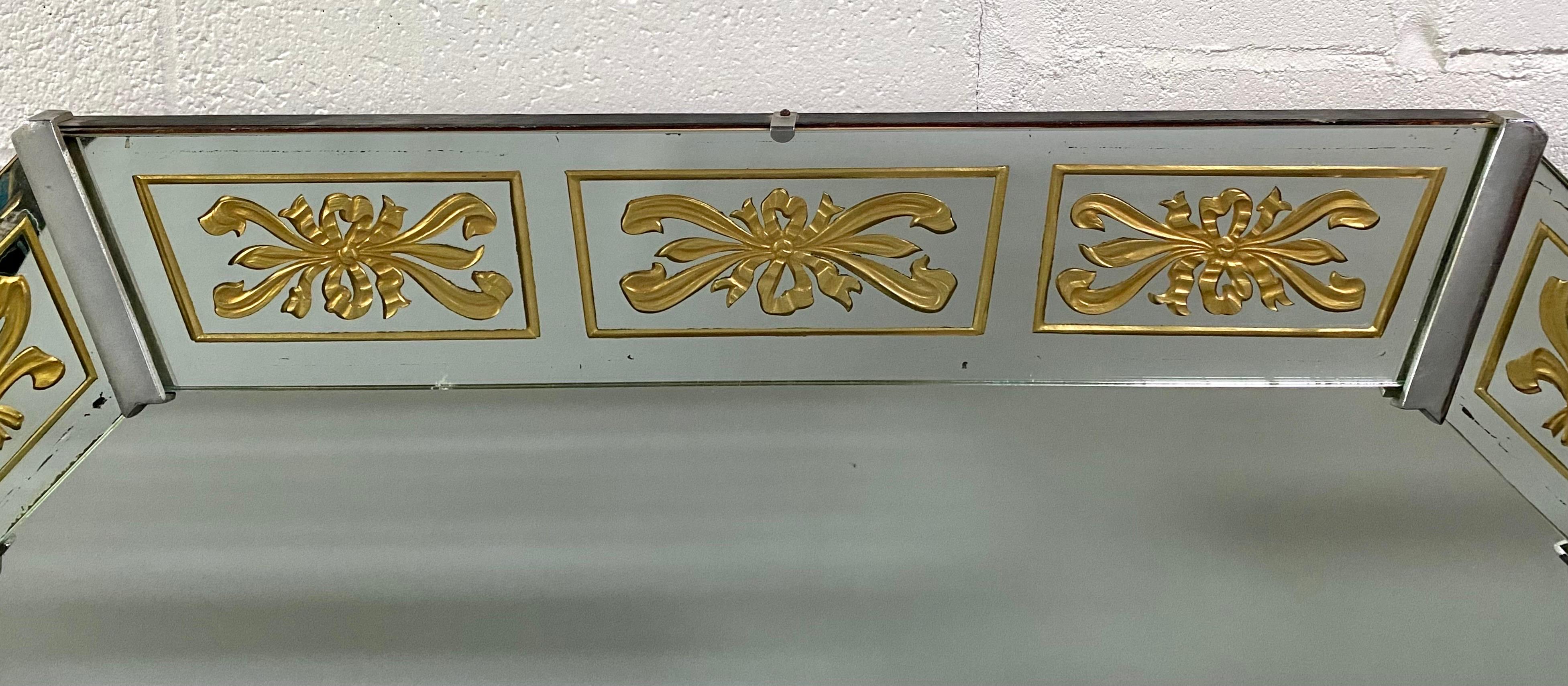 Hollywood Regency Style Venetian Eglomise Gold Bow & Ribbon Design Wall Mirror 4