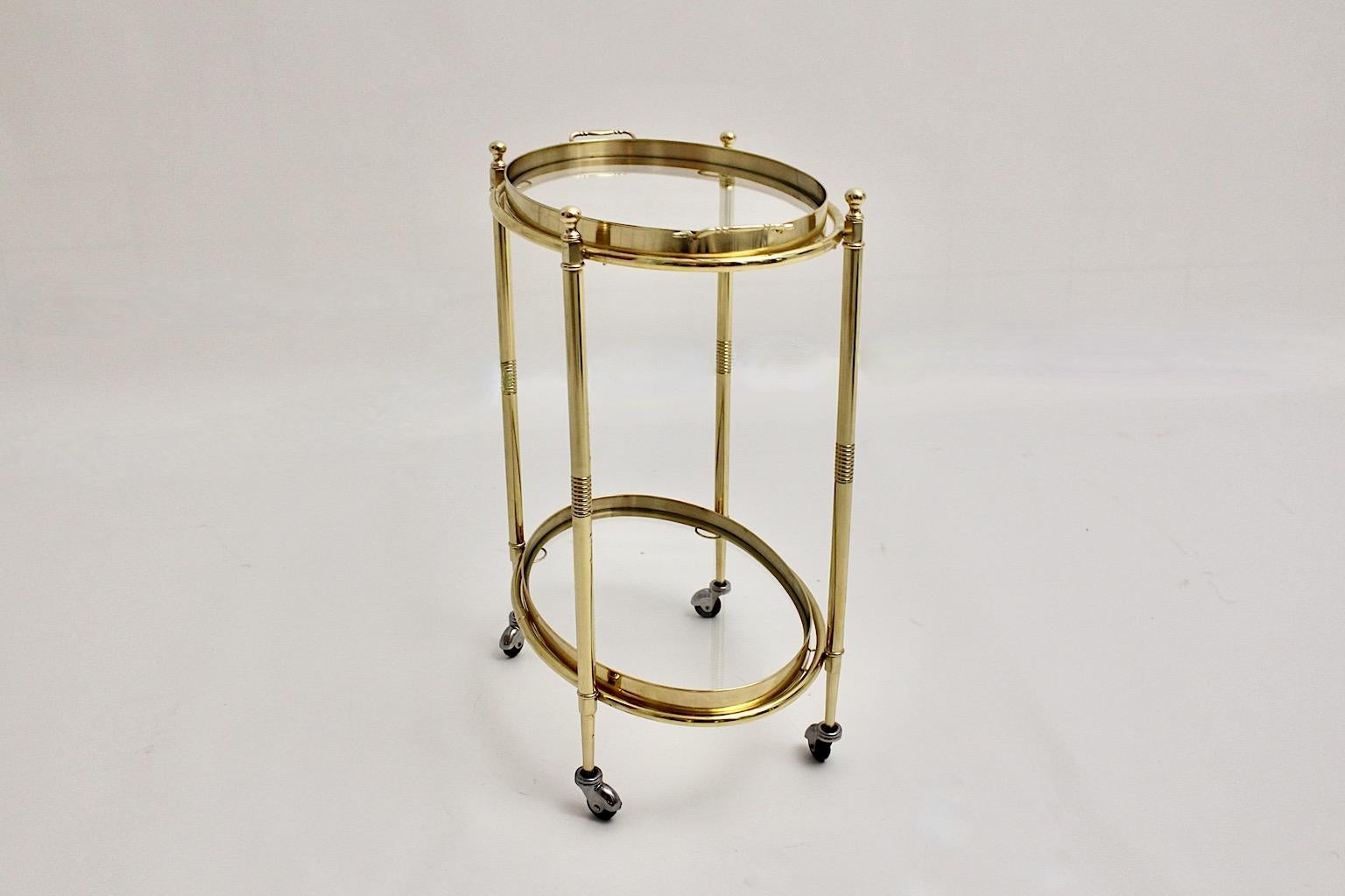 20th Century Hollywood Regency Style Vintage Brass Glass Bar Cart Side Table Italy 1970s For Sale