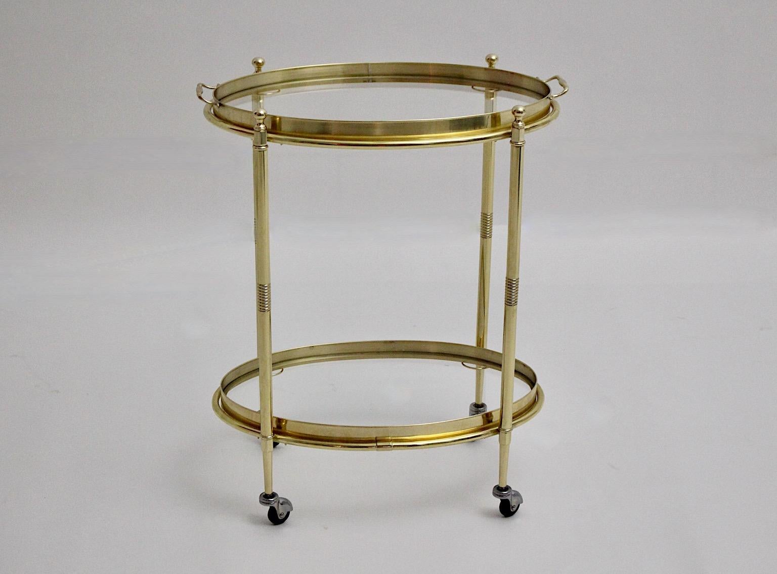 Metal Hollywood Regency Style Vintage Brass Glass Bar Cart Side Table Italy 1970s For Sale