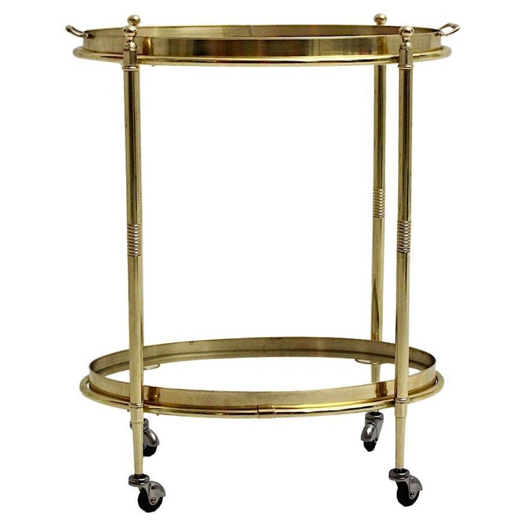 Hollywood Regency Style Vintage Brass Glass Bar Cart Side Table Italy
