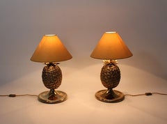Hollywood Regency Style Vintage Brass Organic Pineapple Table Lamps Pair 1970s