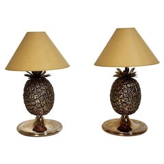 Pareja de lámparas de sobremesa con piña orgánica de latón estilo Hollywood Regency Vintage Años 70
