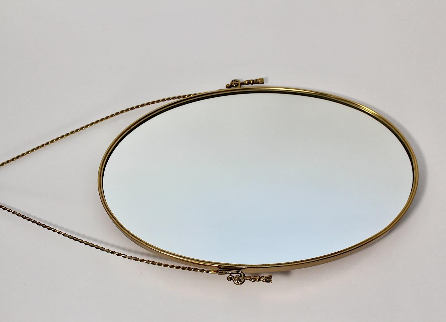 20th Century Hollywood Regency Style Vintage Brass Oval Wall Mirror, 1970s, Italy For Sale