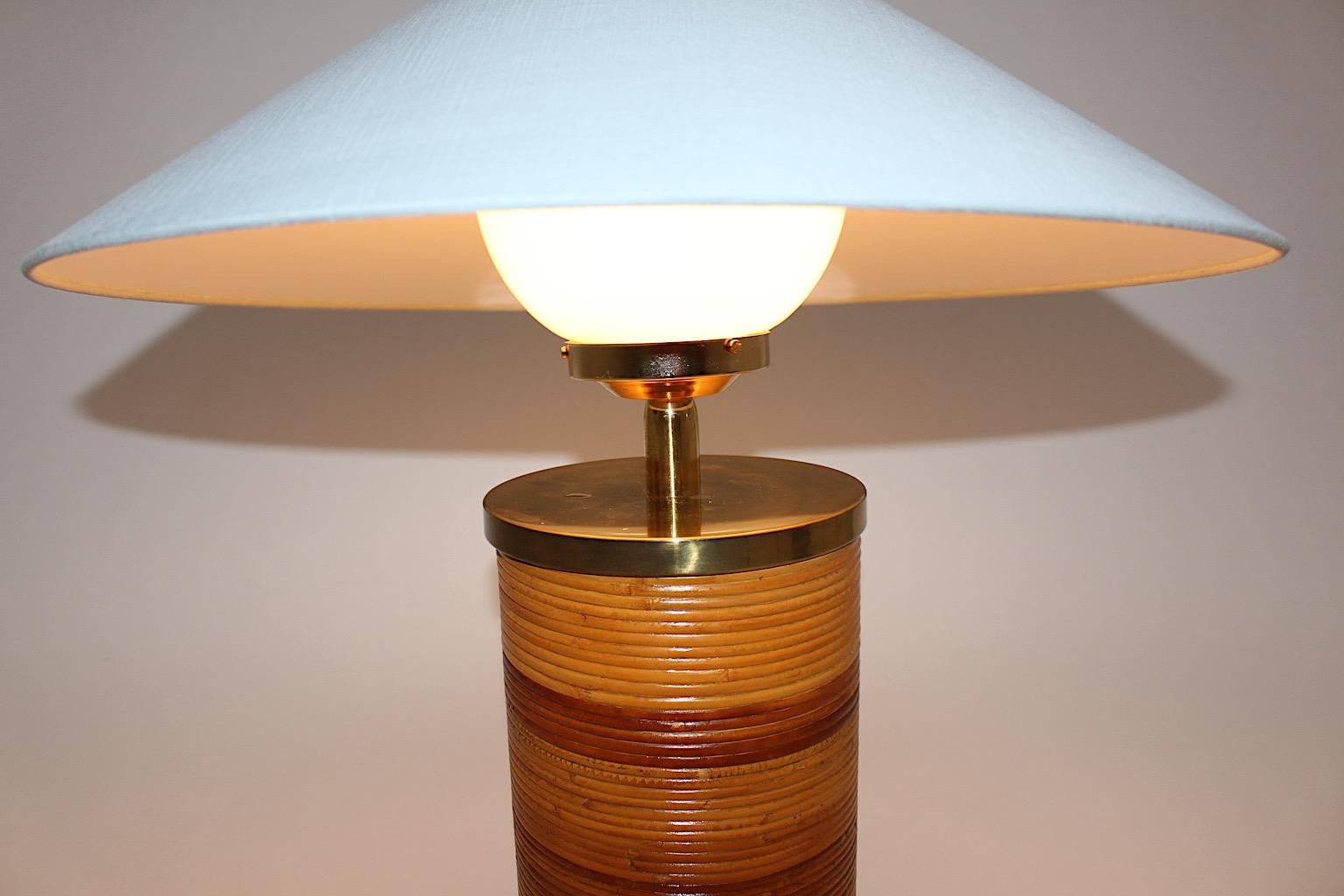 Hollywood Regency Style Vintage Brass Rattan Bamboo Blue Table Lamp Italy, 1970s For Sale 4