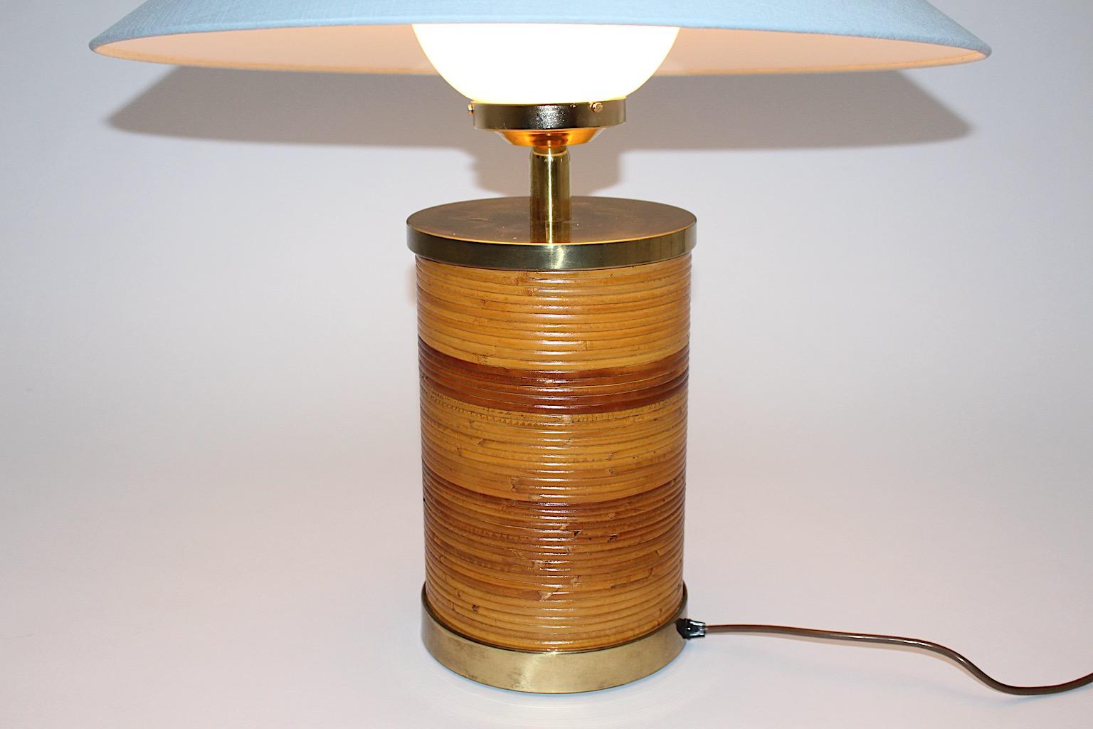 Hollywood Regency Style Vintage Brass Rattan Bamboo Blue Table Lamp Italy, 1970s For Sale 5