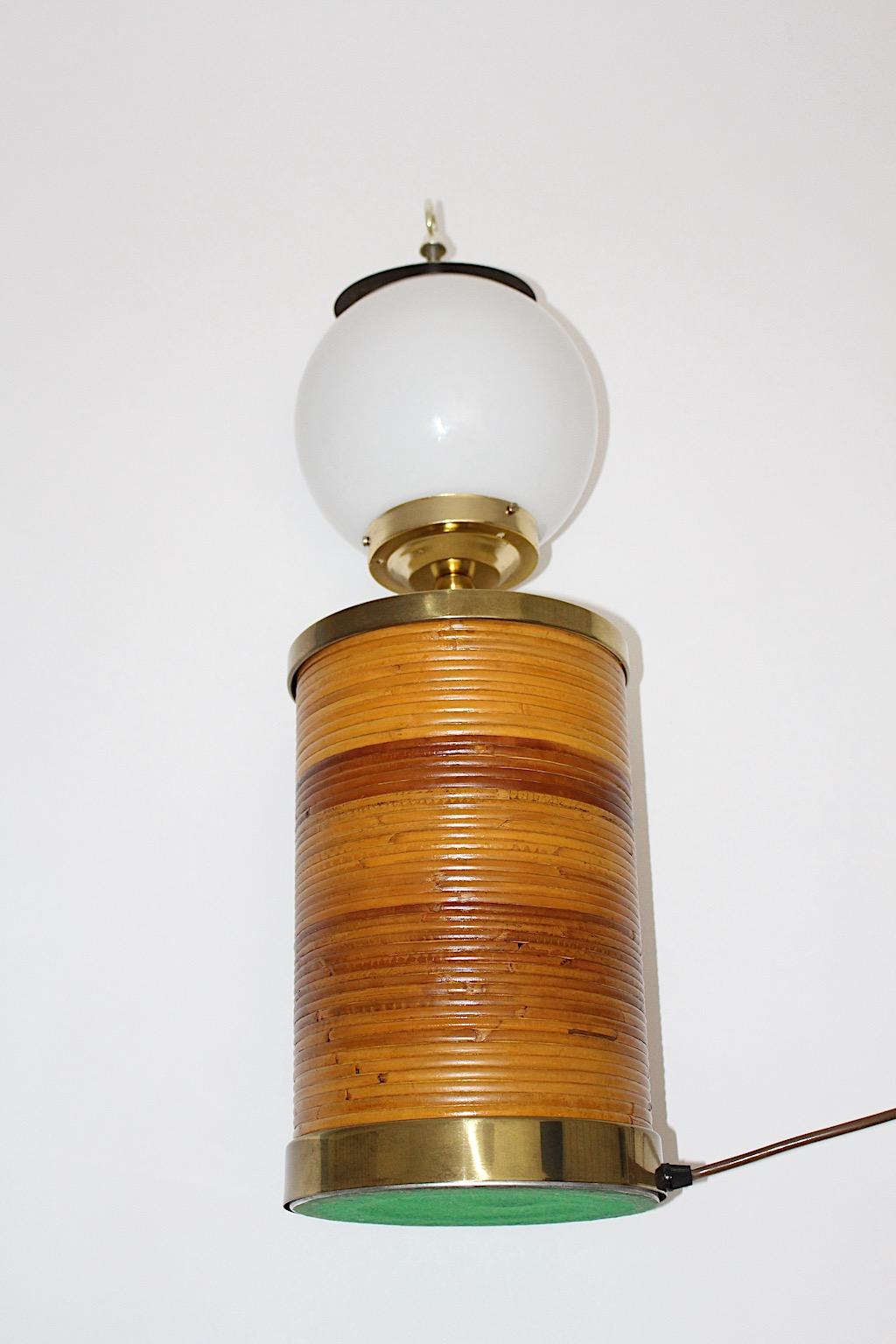 Hollywood Regency Style Vintage Brass Rattan Bamboo Blue Table Lamp Italy, 1970s For Sale 9