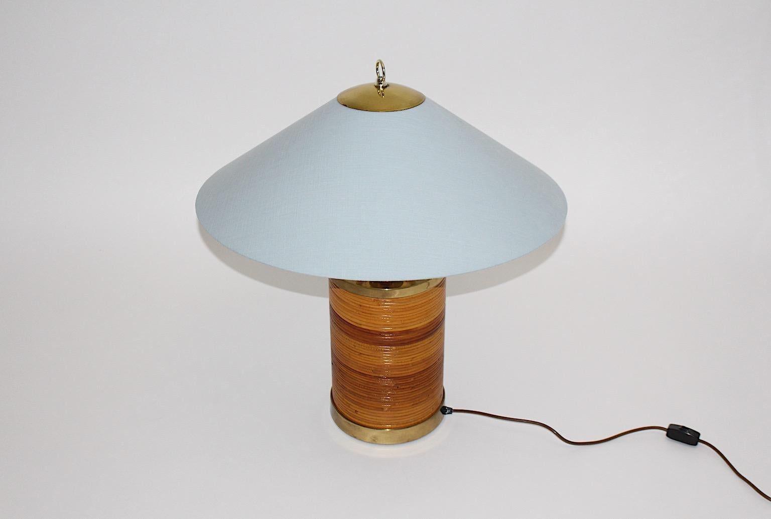 Hollywood Regency Style Vintage Brass Rattan Bamboo Blue Table Lamp Italy, 1970s For Sale 10