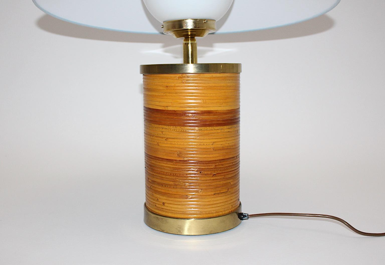 Hollywood Regency Style Vintage Brass Rattan Bamboo Blue Table Lamp Italy, 1970s For Sale 11