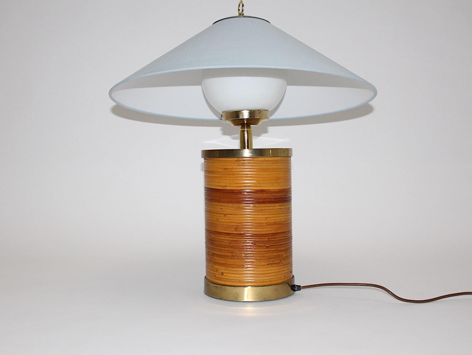 Hollywood Regency Style Vintage Brass Rattan Bamboo Blue Table Lamp Italy, 1970s For Sale 12
