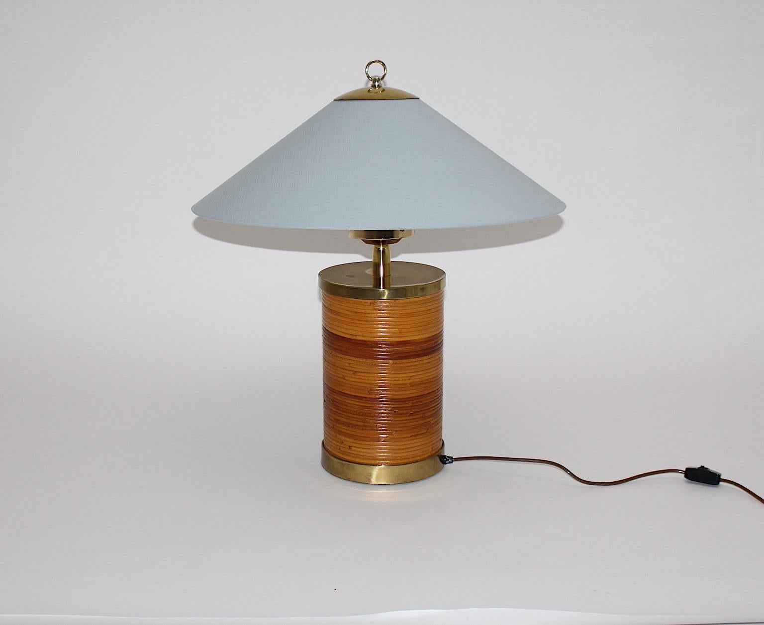 Italian Hollywood Regency Style Vintage Brass Rattan Bamboo Blue Table Lamp Italy, 1970s For Sale