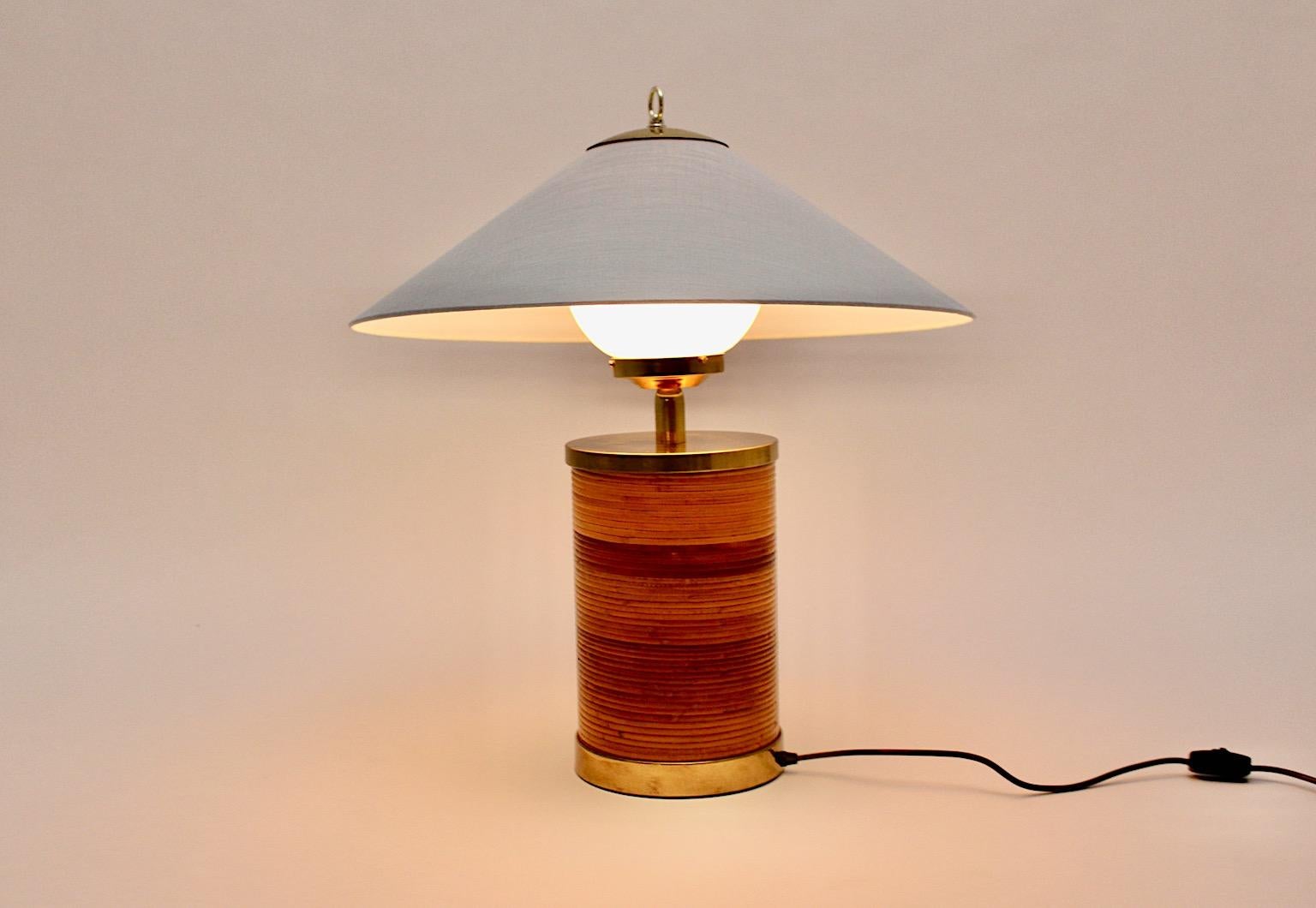 Late 20th Century Hollywood Regency Style Vintage Brass Rattan Bamboo Blue Table Lamp Italy, 1970s For Sale