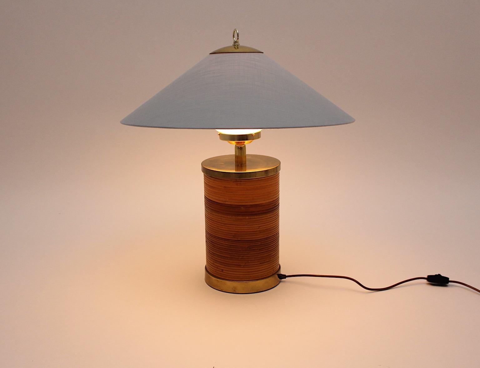 Hollywood Regency Style Vintage Brass Rattan Bamboo Blue Table Lamp Italy, 1970s For Sale 1
