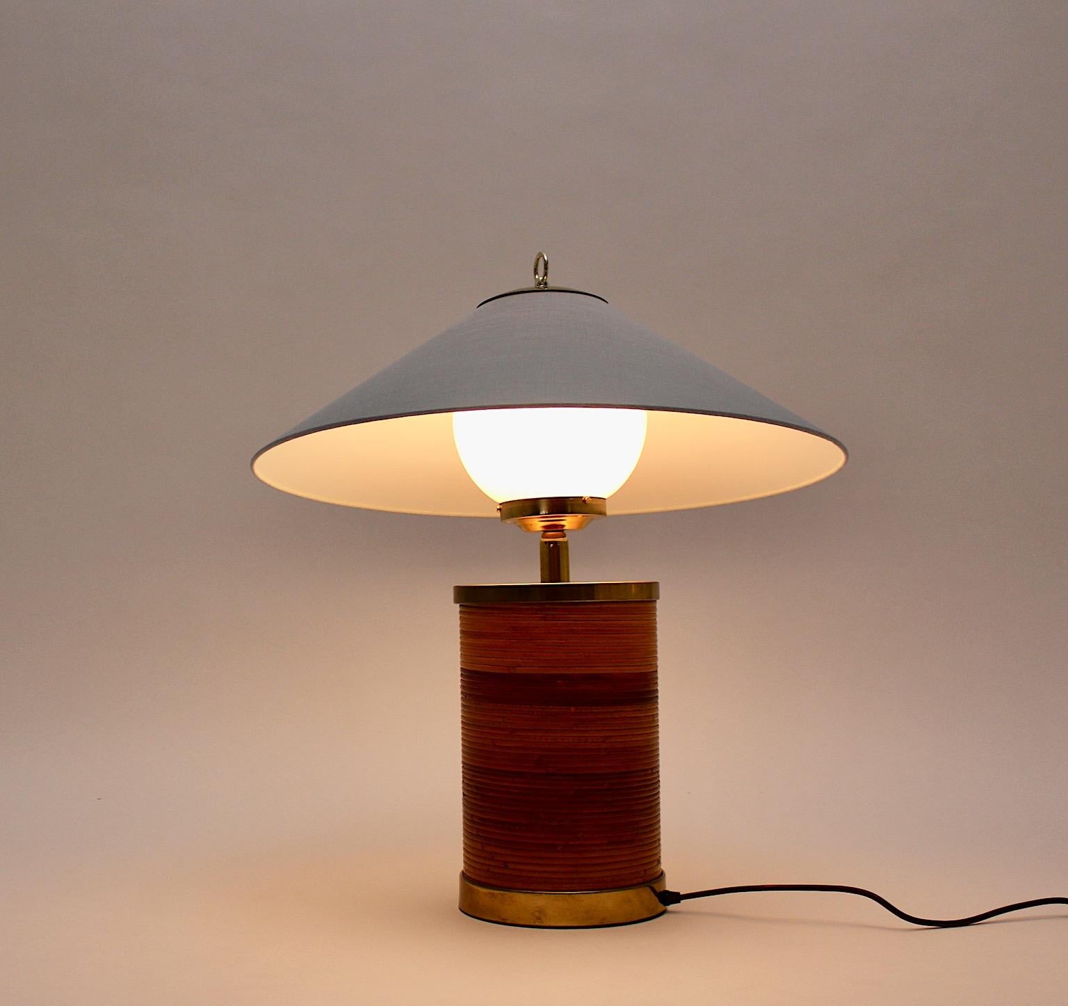Hollywood Regency Style Vintage Brass Rattan Bamboo Blue Table Lamp Italy, 1970s For Sale 2
