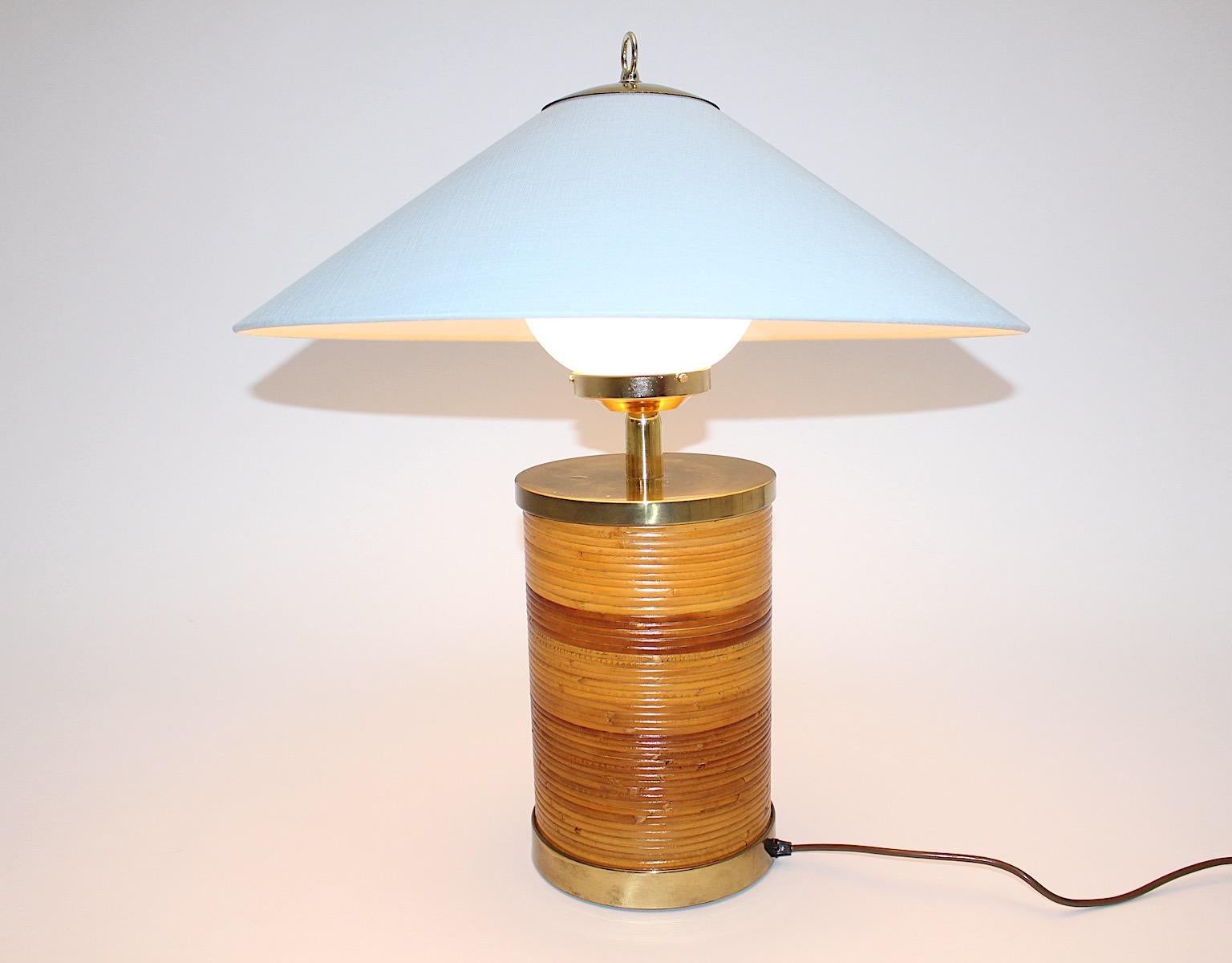 Hollywood Regency Style Vintage Brass Rattan Bamboo Blue Table Lamp Italy, 1970s For Sale 3