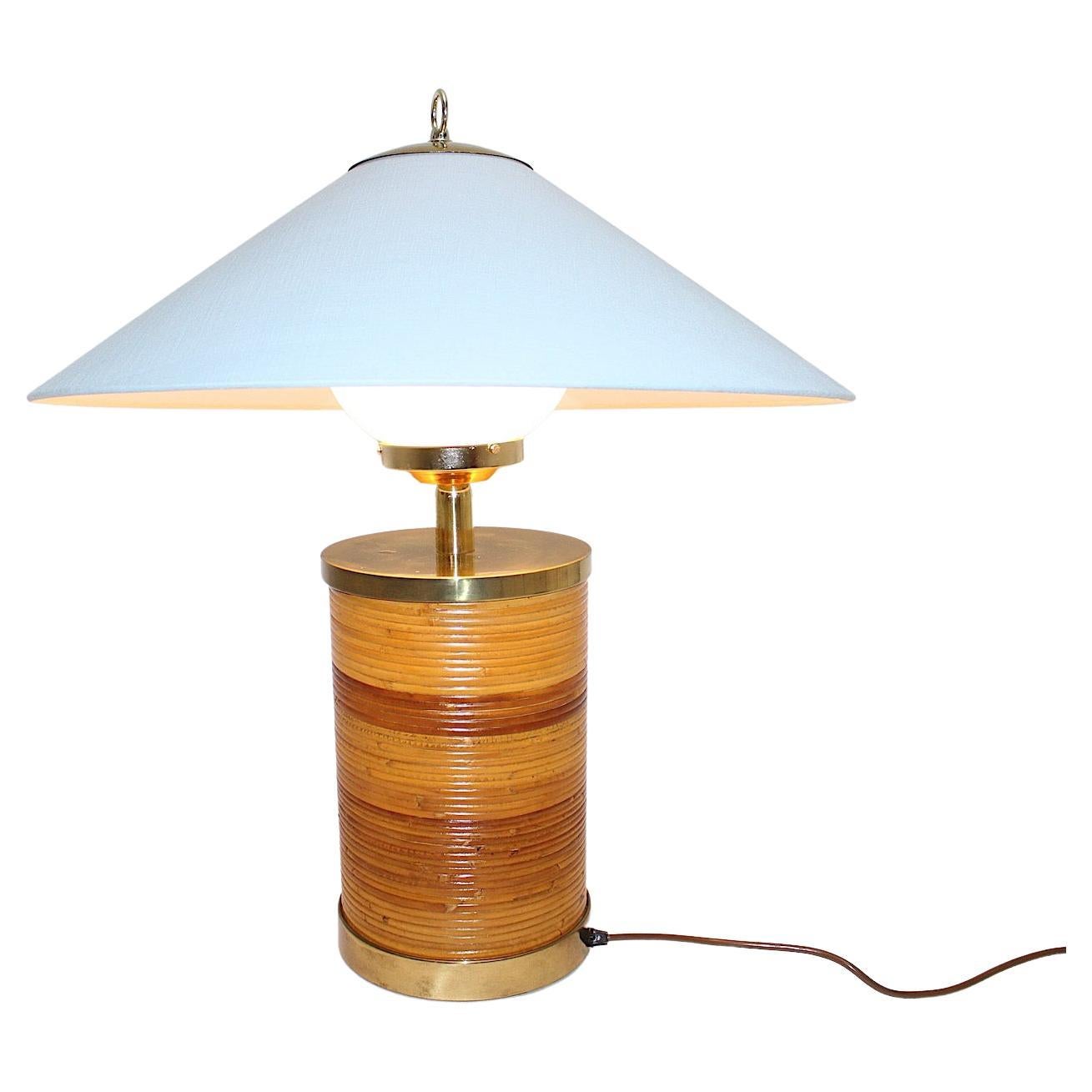 Hollywood Regency Style Vintage Brass Rattan Bamboo Blue Table Lamp Italy, 1970s For Sale