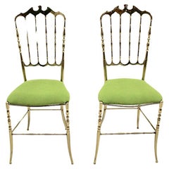 Hollywood Regency Style Vintage Brass Side Chairs Chiavari Greene & Greene Velvet Italia