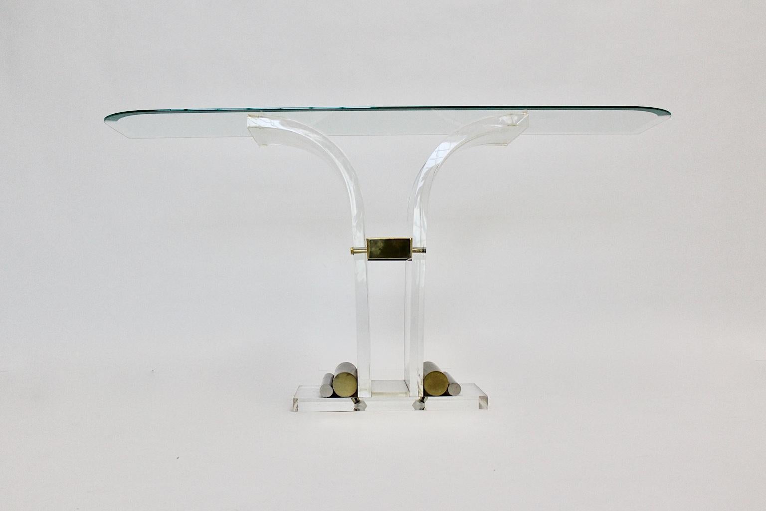 Hollywood Regency Style Vintage Console Table Lucite Brass Glass 1970s Italy 6